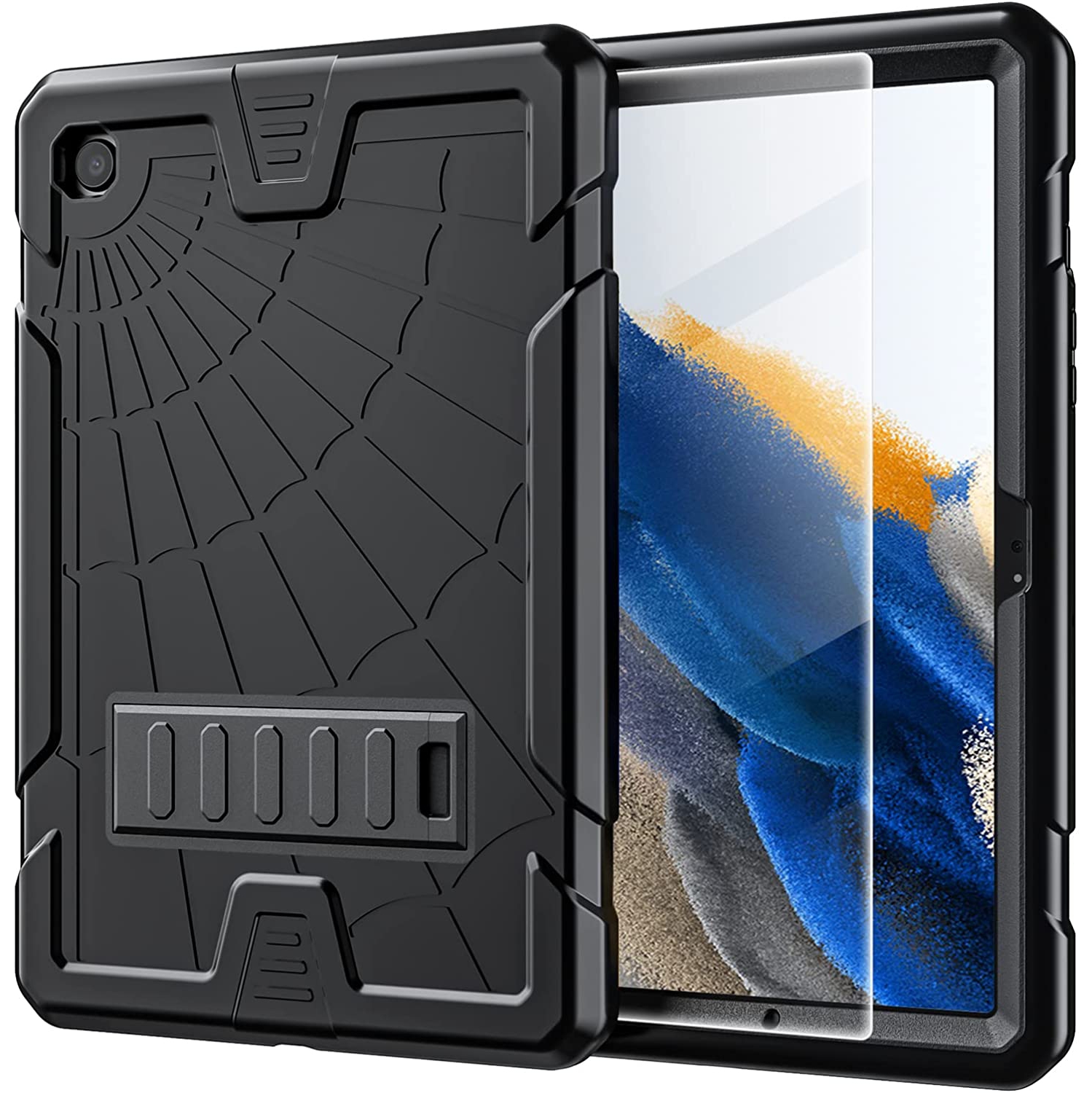 T Samsung Galaxy Tab A8 Case 10.5 Inch 2022 with Glass Screen Protector+Stand SM-X200/X205/X207 Case for Kids Heavy Duty Defender Cover Case for Samsung A8 Tablet 10.5 Black