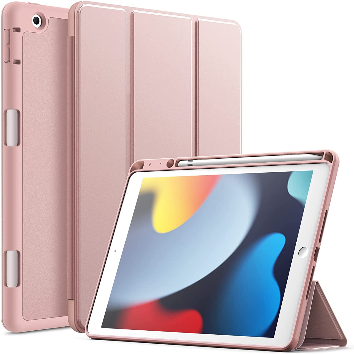 J Case for iPad 10.2 Inch 2021/2020/2019 Model with Pencil Holder, Slim Tablet Cover with Soft TPU Back, Auto Wake/Sleep (Rose Gold)
