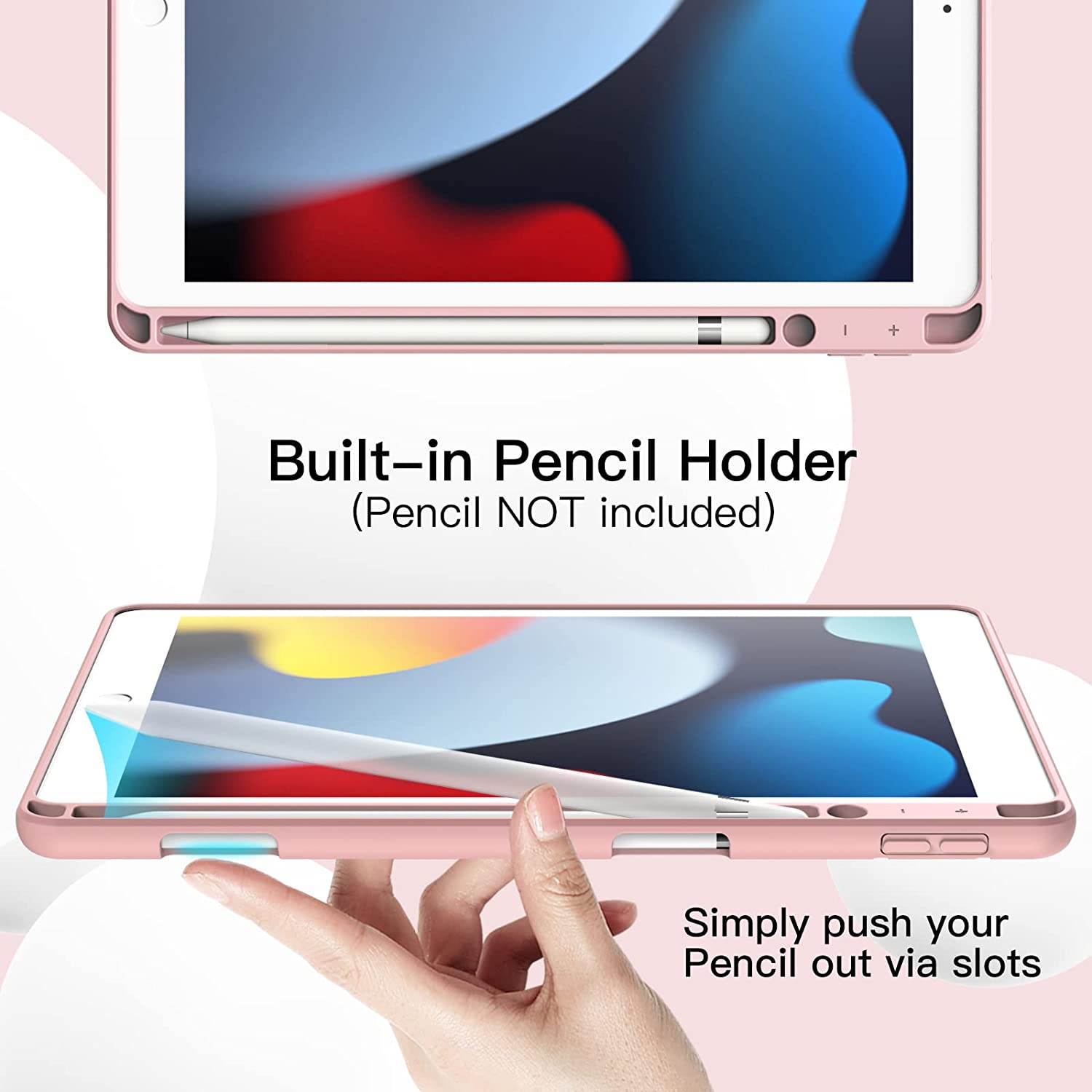 J Case for iPad 10.2 Inch 2021/2020/2019 Model with Pencil Holder, Slim Tablet Cover with Soft TPU Back, Auto Wake/Sleep (Rose Gold)