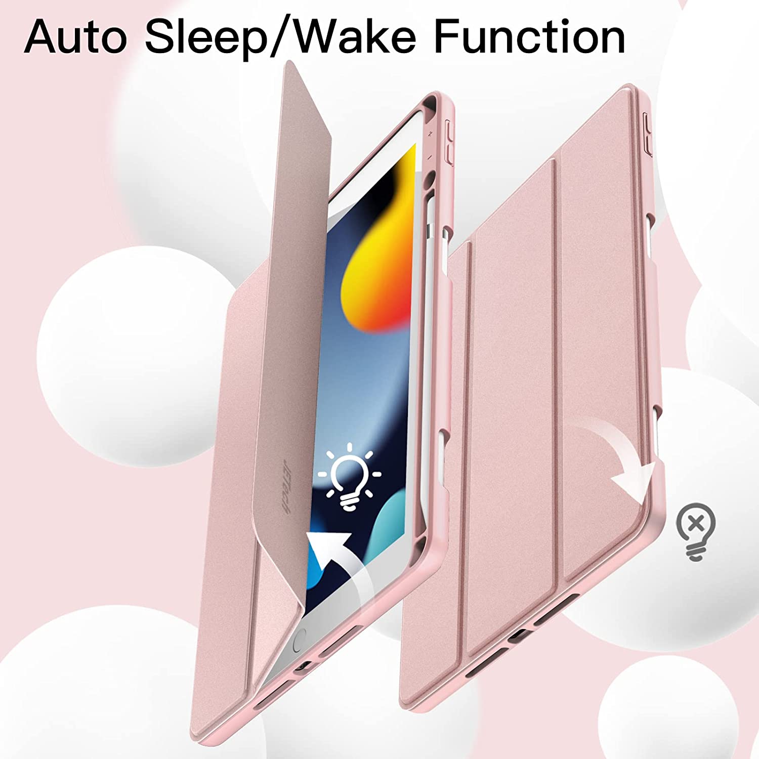 J Case for iPad 10.2 Inch 2021/2020/2019 Model with Pencil Holder, Slim Tablet Cover with Soft TPU Back, Auto Wake/Sleep (Rose Gold)