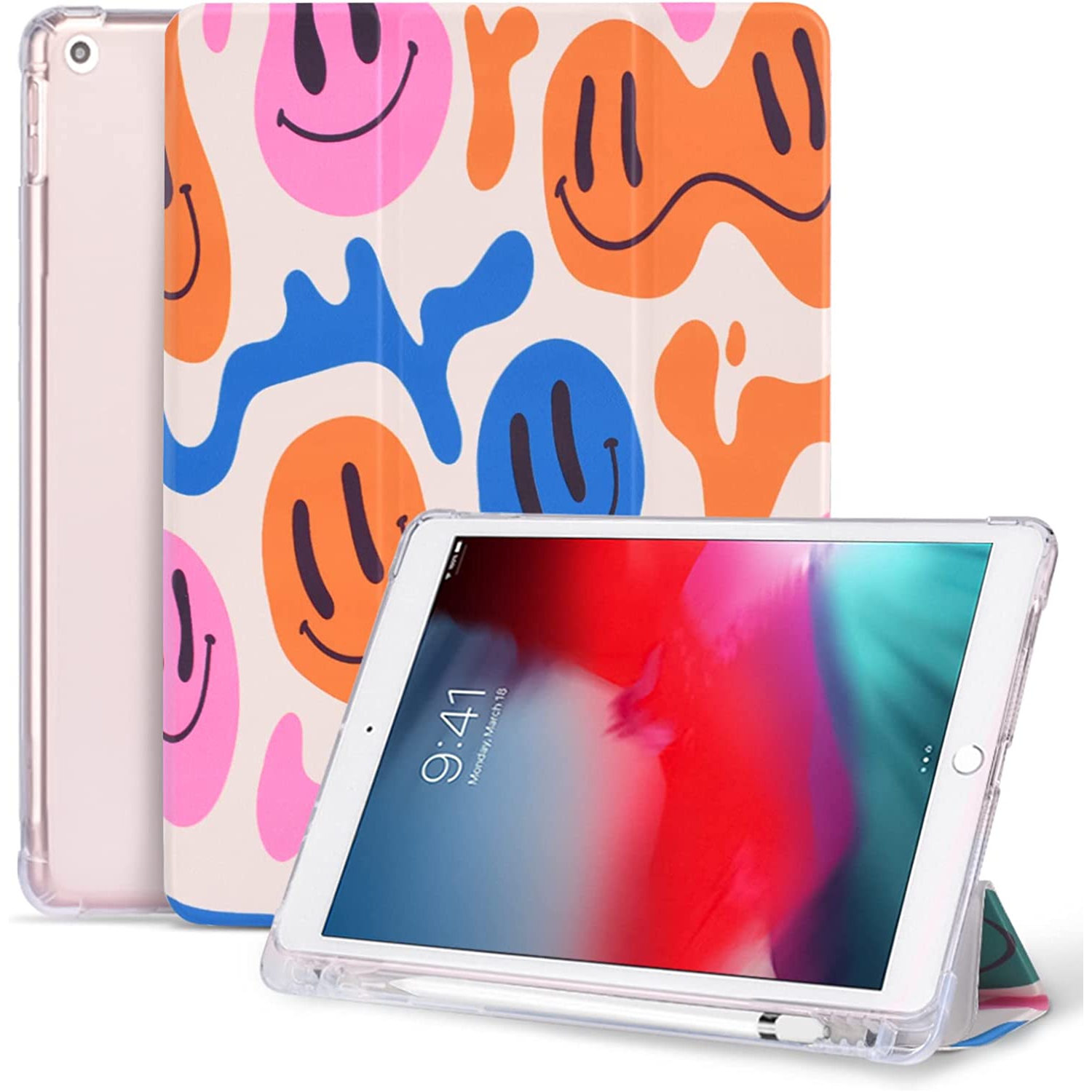 S – Étui de 10.2 po pour iPad 9e/8e/7e génération avec porte-crayon, Support à trois volets avec support à imprimé souriant et étui Auto Sleep Wake