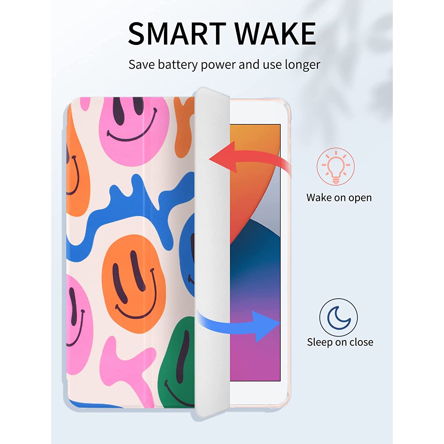 S – Étui de 10.2 po pour iPad 9e/8e/7e génération avec porte-crayon, Support à trois volets avec support à imprimé souriant et étui Auto Sleep Wake