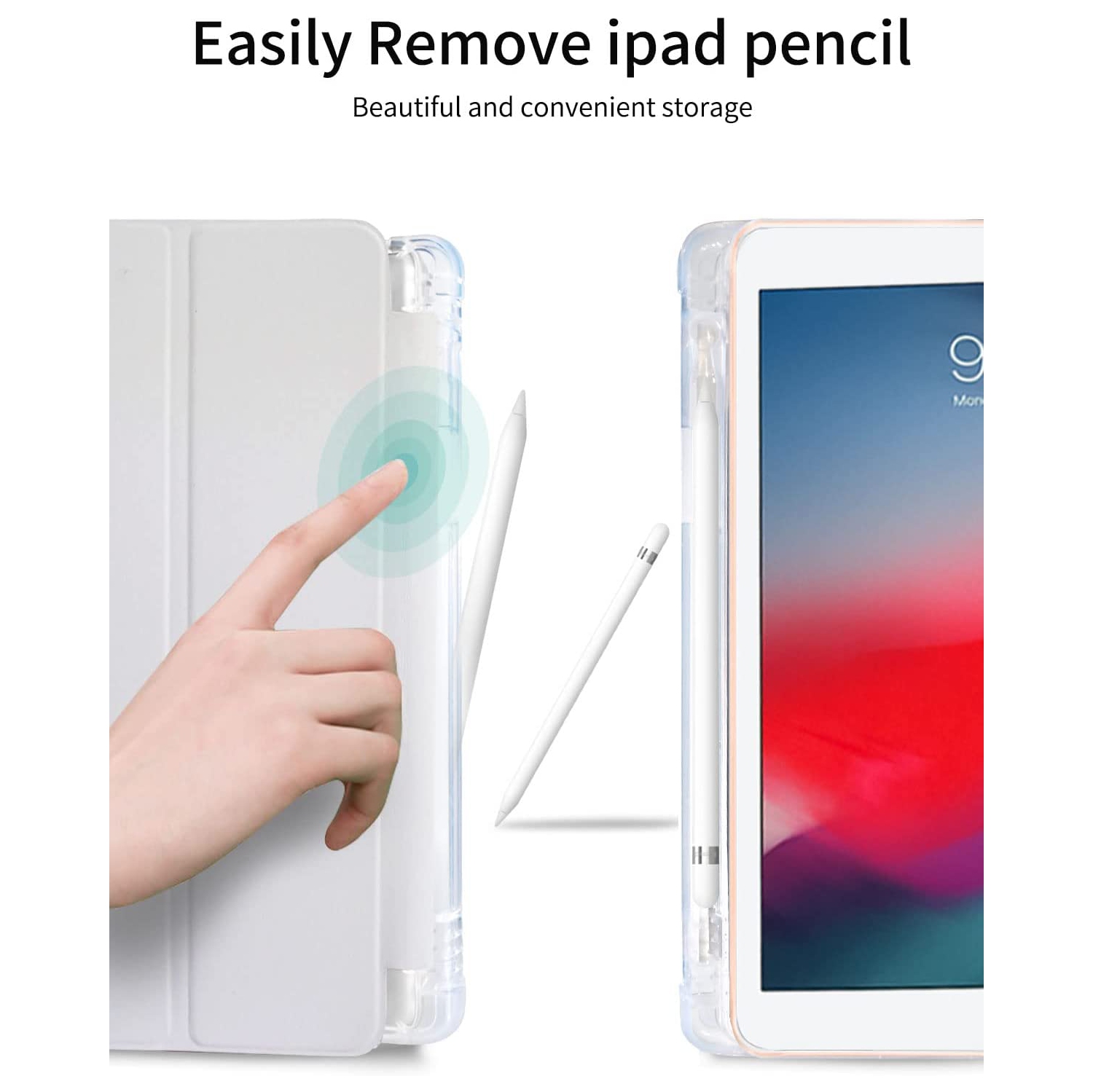 S – Étui de 10.2 po pour iPad 9e/8e/7e génération avec porte-crayon, Support à trois volets avec support à imprimé souriant et étui Auto Sleep Wake