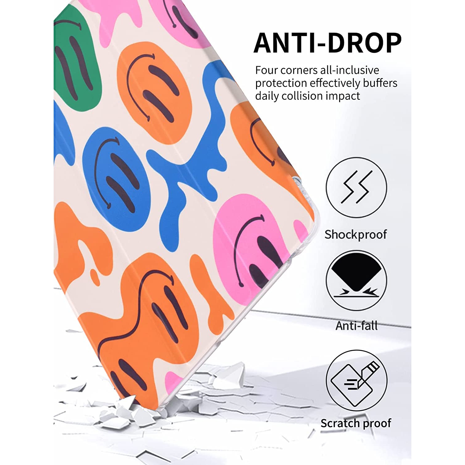 S – Étui de 10.2 po pour iPad 9e/8e/7e génération avec porte-crayon, Support à trois volets avec support à imprimé souriant et étui Auto Sleep Wake