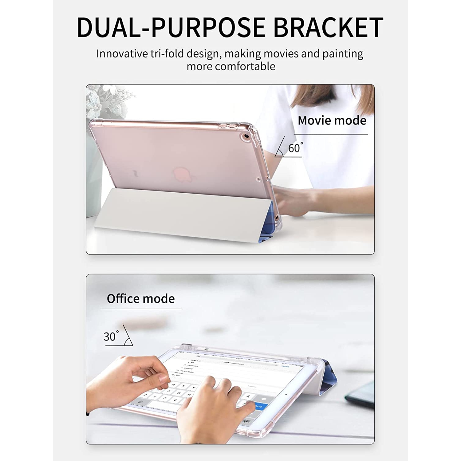 S – Étui de 10.2 po pour iPad 9e/8e/7e génération avec porte-crayon, Support à trois volets avec support à imprimé souriant et étui Auto Sleep Wake