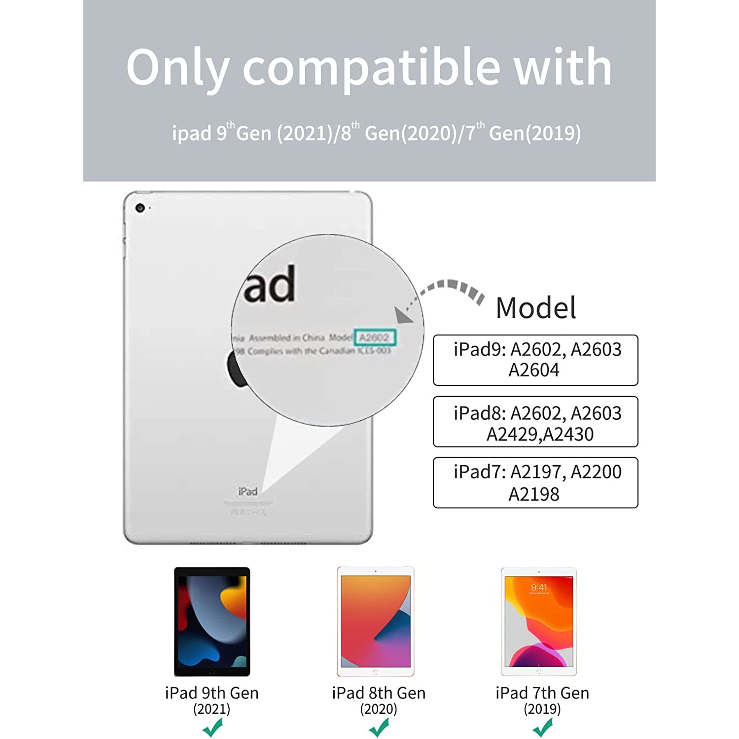 S – Étui de 10.2 po pour iPad 9e/8e/7e génération avec porte-crayon, Support à trois volets avec support à imprimé souriant et étui Auto Sleep Wake