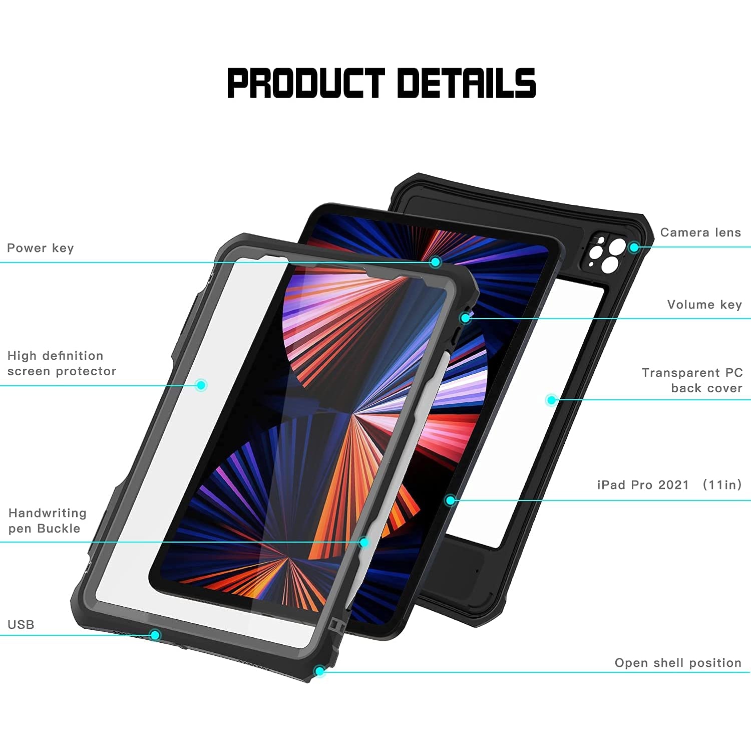2020/2021,Full-Body Protective Case,Magnetic Pencil Holder,External Keyboard Interface,IP68 Waterproof Dustproof Shockproof iPad Pro 11 Inch Case