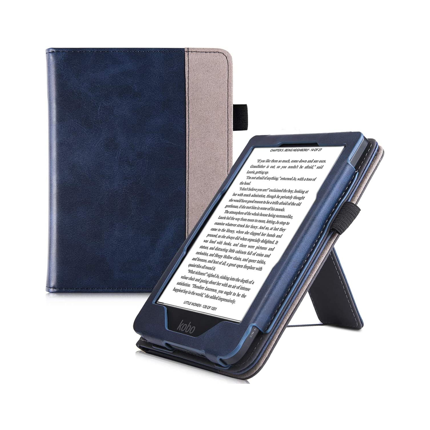 Étui support B pour liseuse Clara HD de Kobo - housse cuir polyuréthane de qualité supérieure avec dragonne et veille/réveil automatique (bleu marine)