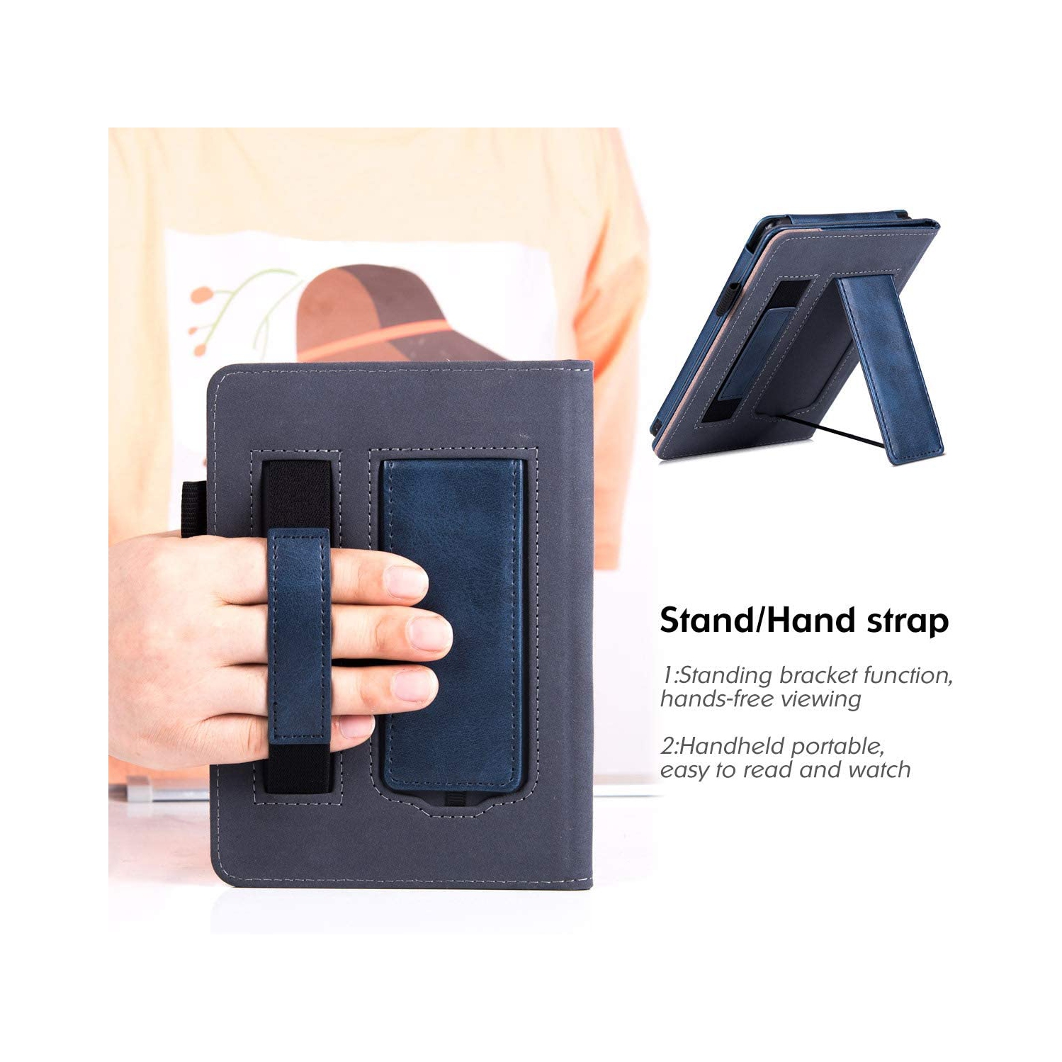 Étui support B pour liseuse Clara HD de Kobo - housse cuir polyuréthane de qualité supérieure avec dragonne et veille/réveil automatique (bleu marine)