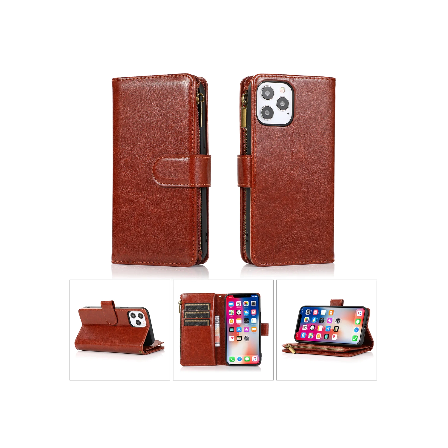 ( KeeGuard) Brown iPhone 14 Plus Wallet case cover Flip Leather Credit Card Slot Holder Stand Folio Case