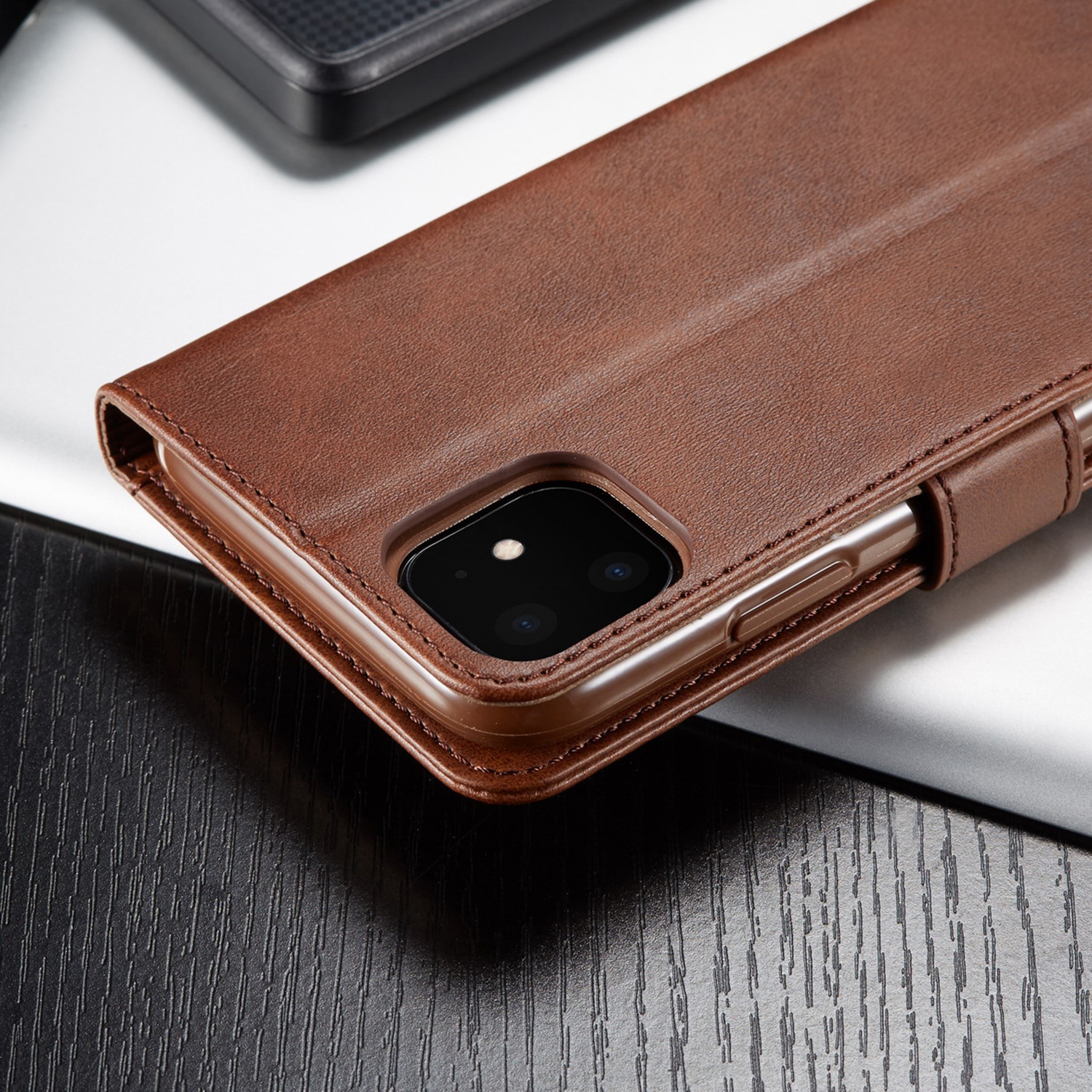 ( KeeGuard) Brown iPhone 14 Plus Wallet case cover Flip Leather Credit Card Slot Holder Stand Folio Case