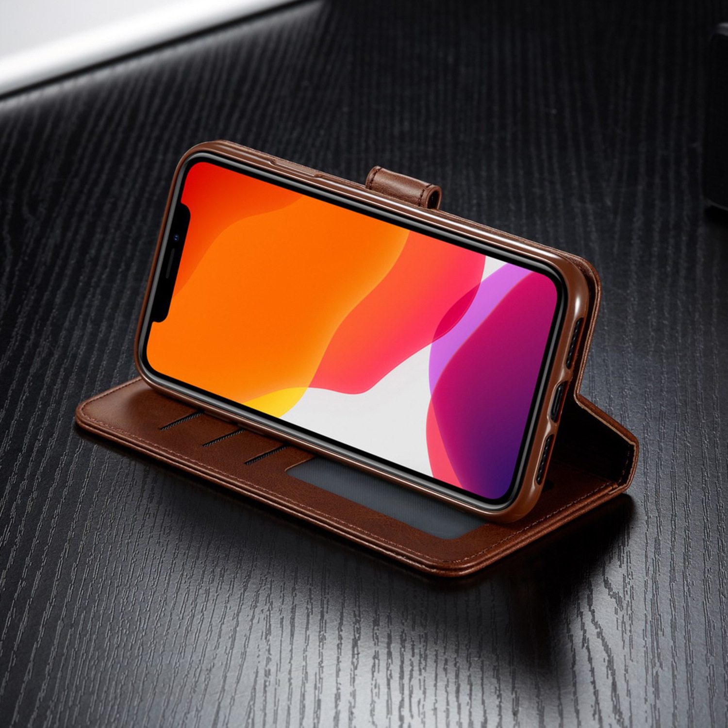 ( KeeGuard) Brown iPhone 14 Plus Wallet case cover Flip Leather Credit Card Slot Holder Stand Folio Case