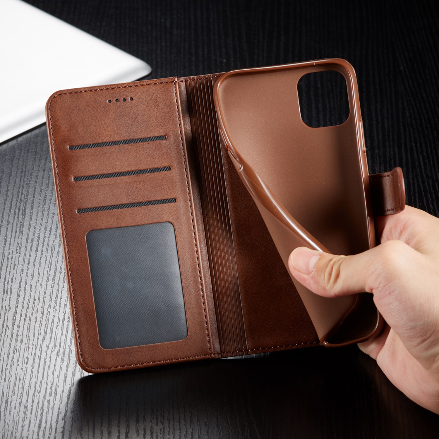 ( KeeGuard) Brown iPhone 14 Plus Wallet case cover Flip Leather Credit Card Slot Holder Stand Folio Case