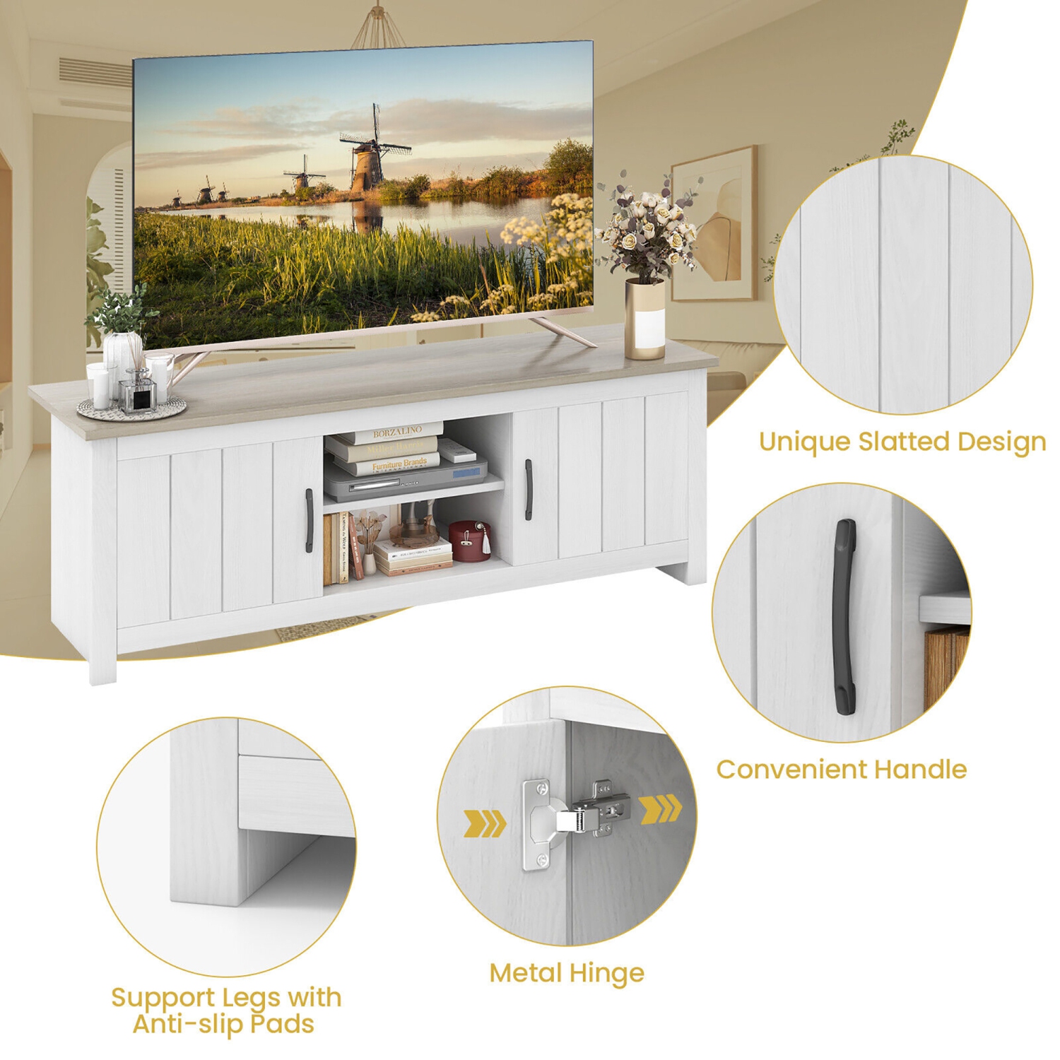 Gymax Farmhouse TV Stand for TVs up to 65'' Media Console Center w/ Doors Cubbies