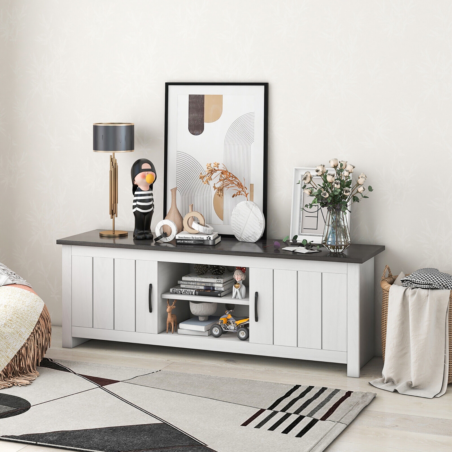 Gymax Farmhouse TV Stand for TVs up to 65'' Media Console Center w/ Doors Cubbies