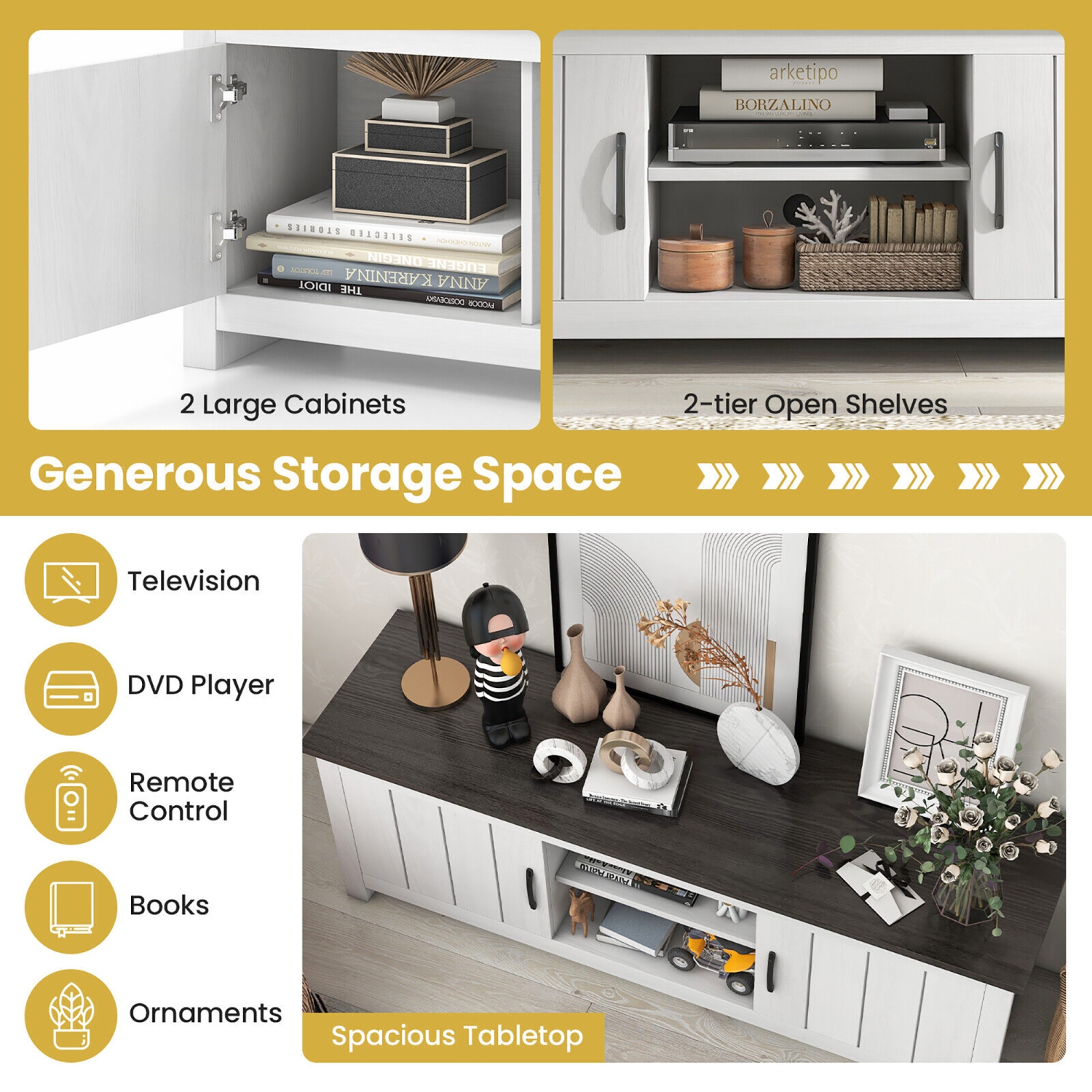 Gymax Farmhouse TV Stand for TVs up to 65'' Media Console Center w/ Doors Cubbies