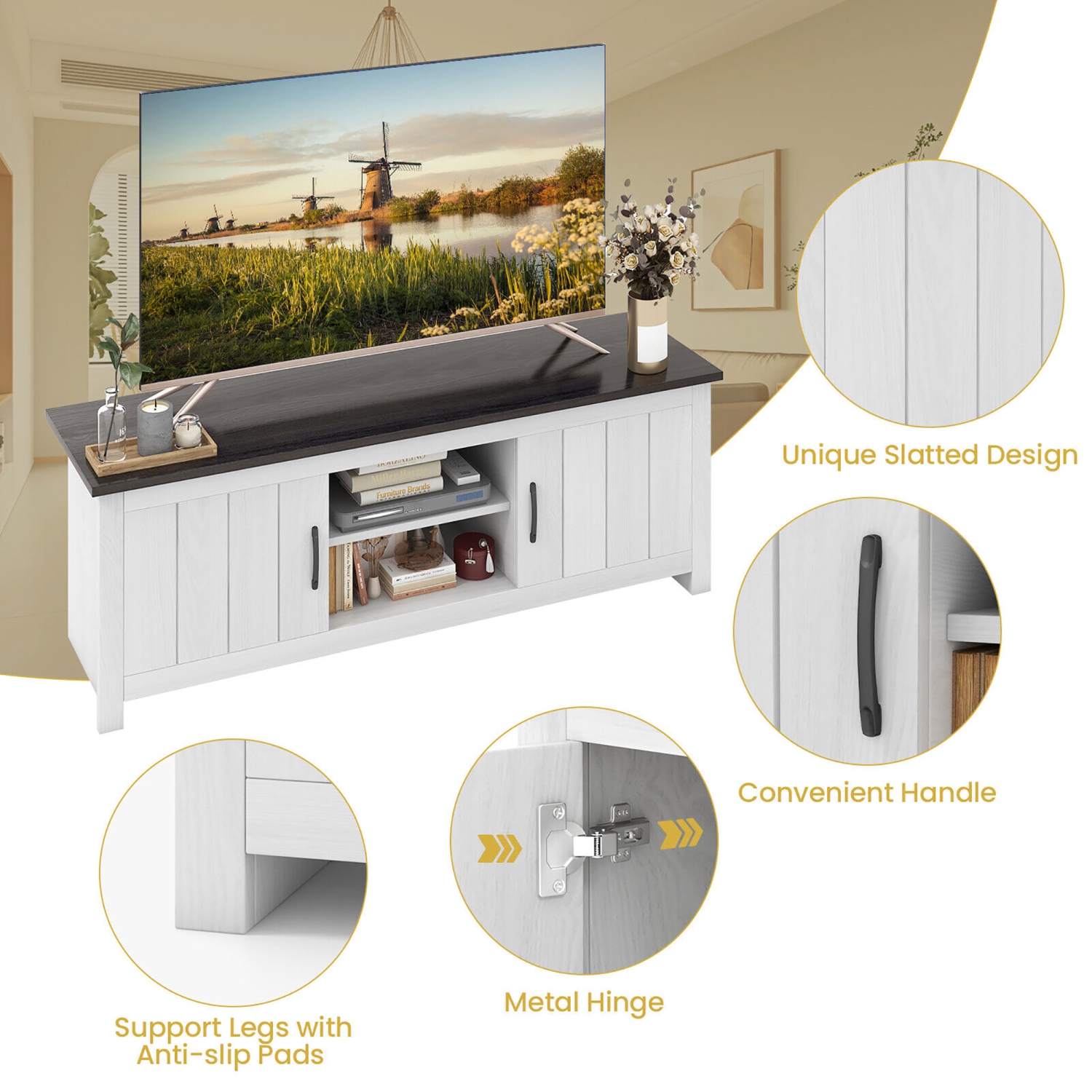 Gymax Farmhouse TV Stand for TVs up to 65'' Media Console Center w/ Doors Cubbies