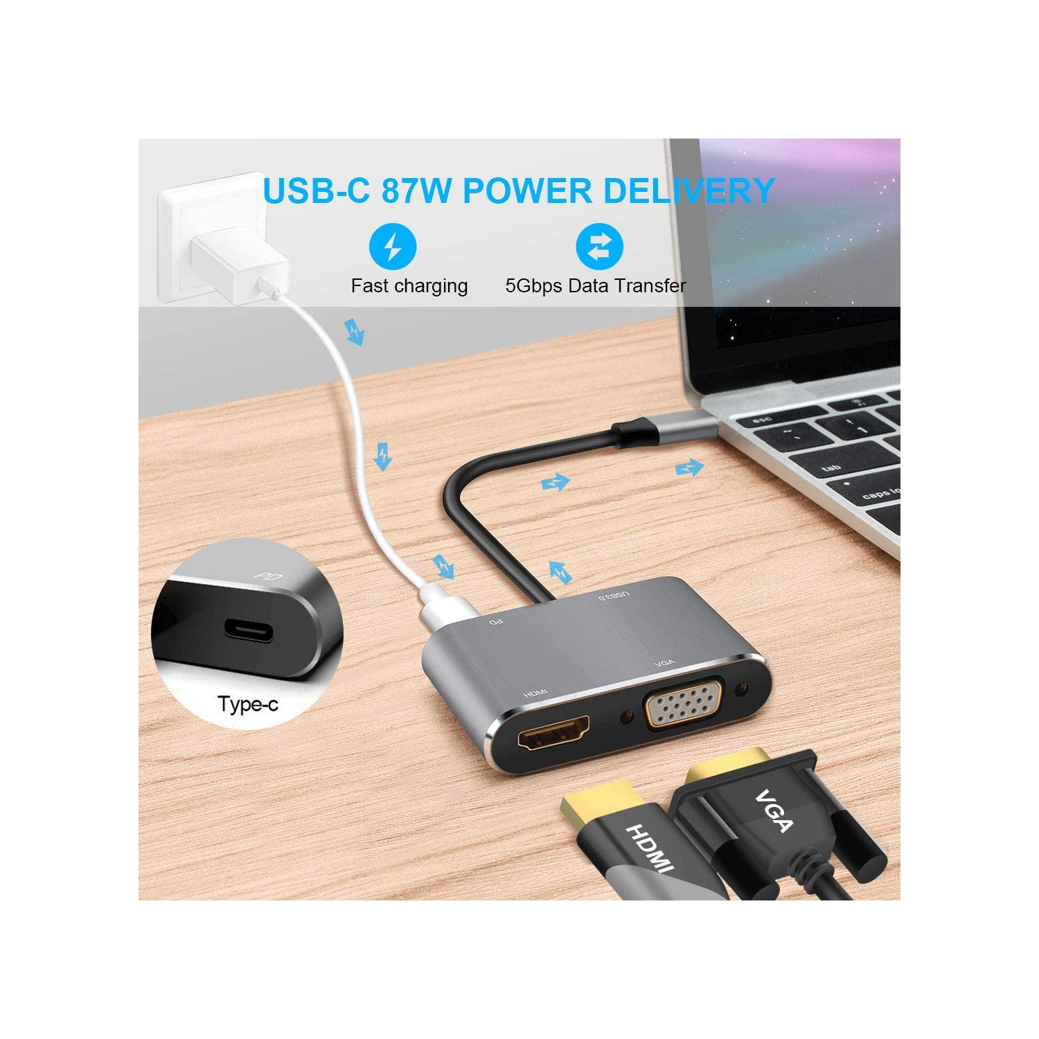 SuperShield Male Type C to Female USB3.0 HDMI 4K VGA TypeC Audio Video Converter Hub Adapter