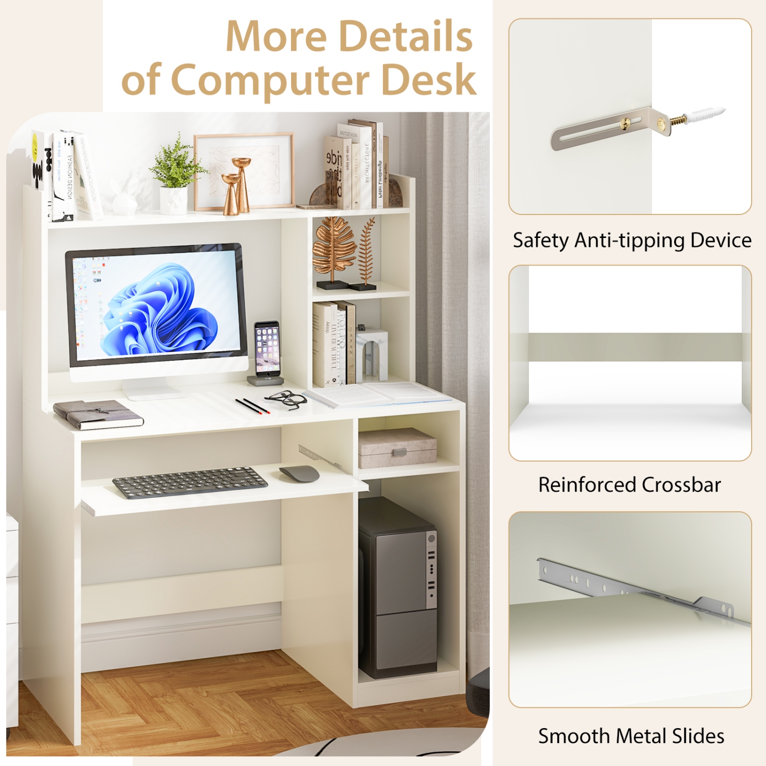 Topbuy Computer Desk with Storage Shelf Wooden Writing Desk w/ Hutch Office Desk with CPU Stand & Keyboard Tray