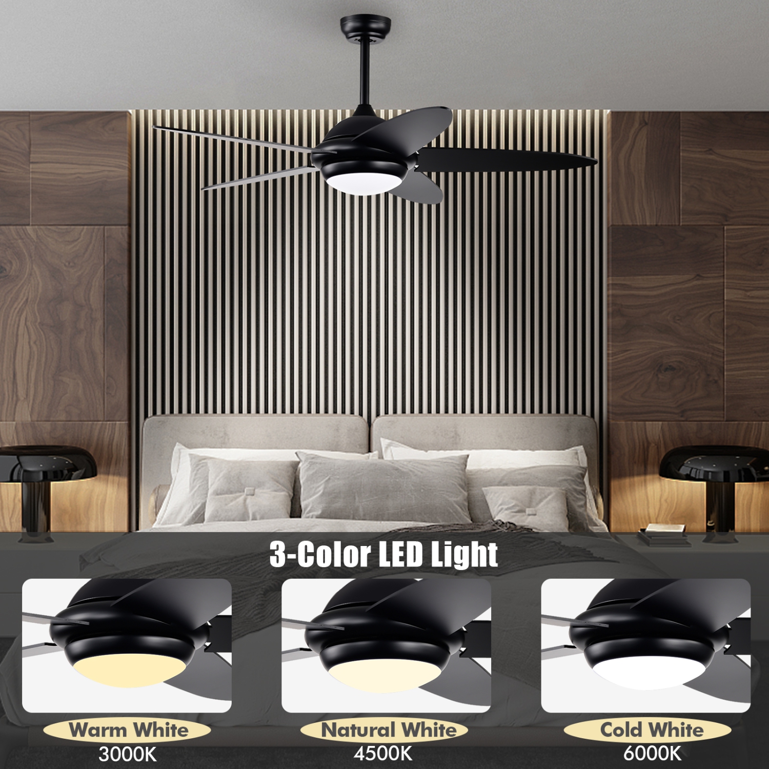 Topbuy 52" Ceiling Fan with Light and Remote Control Indoor Modern Ceiling Fan with Quiet Reversible ETL Motor Black/Silver/White