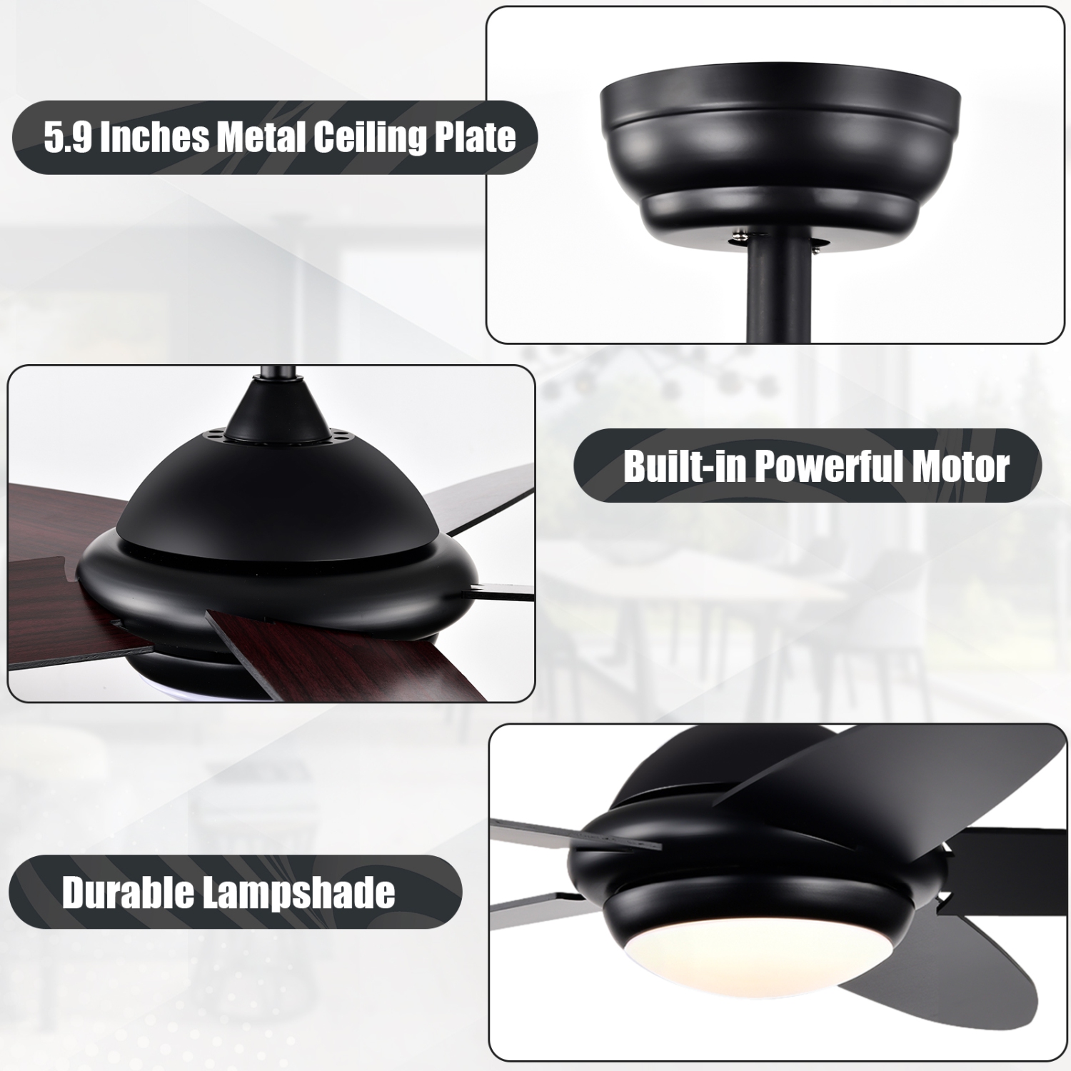 Topbuy 52" Ceiling Fan with Light and Remote Control Indoor Modern Ceiling Fan with Quiet Reversible ETL Motor Black/Silver/White