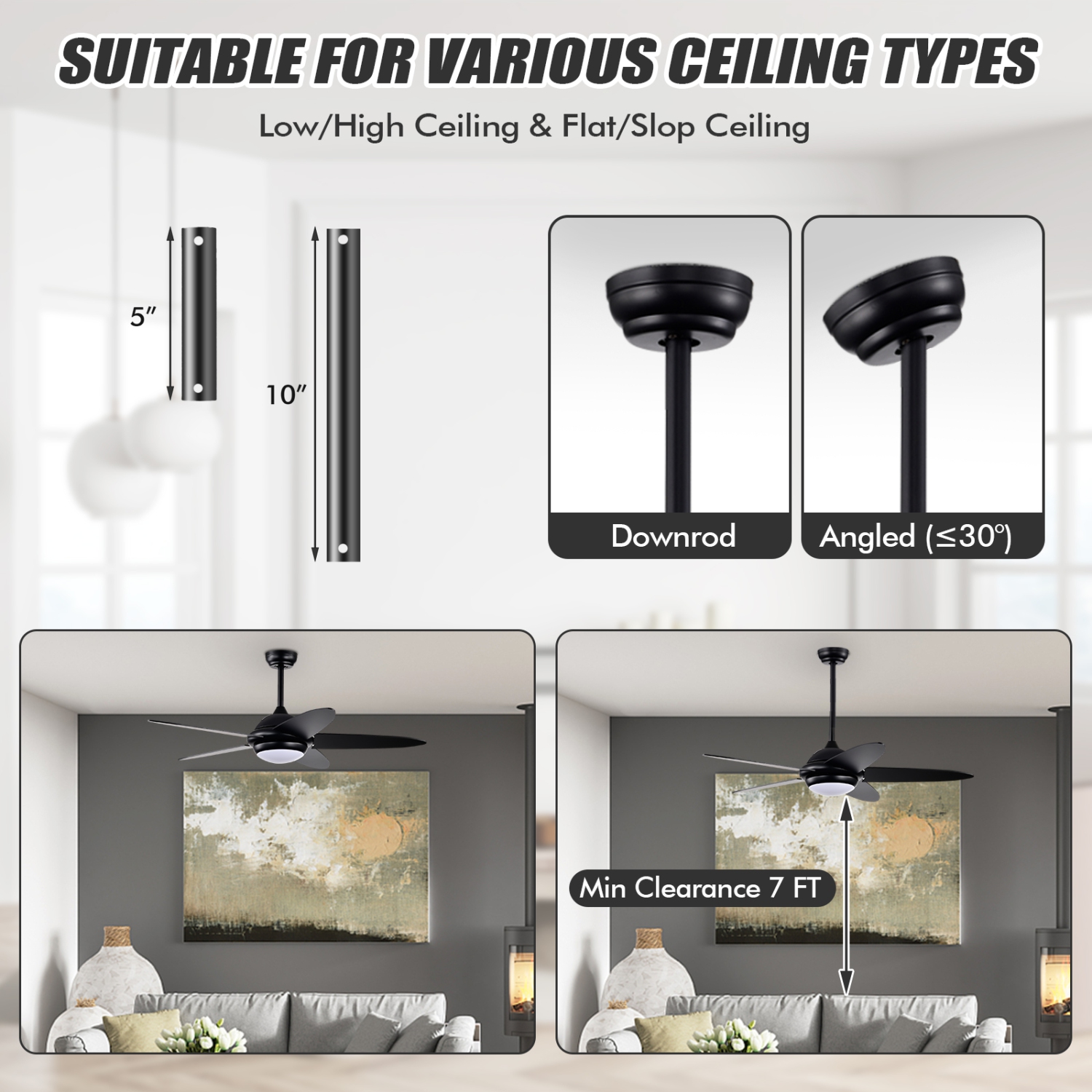 Topbuy 52" Ceiling Fan with Light and Remote Control Indoor Modern Ceiling Fan with Quiet Reversible ETL Motor Black/Silver/White