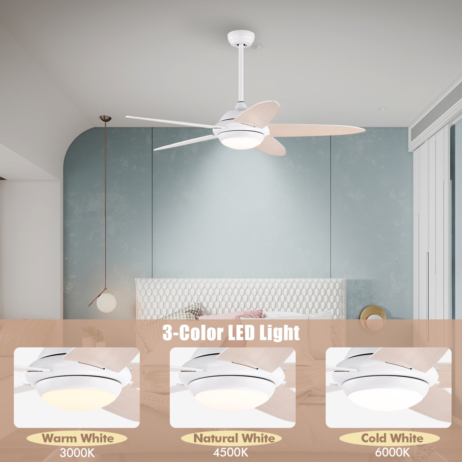 Topbuy 52" Ceiling Fan with Light and Remote Control Indoor Modern Ceiling Fan with Quiet Reversible ETL Motor Black/Silver/White