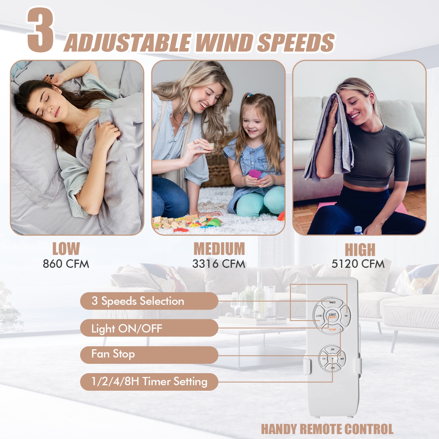 Topbuy 52" Ceiling Fan with Light and Remote Control Indoor Modern Ceiling Fan with Quiet Reversible ETL Motor Black/Silver/White