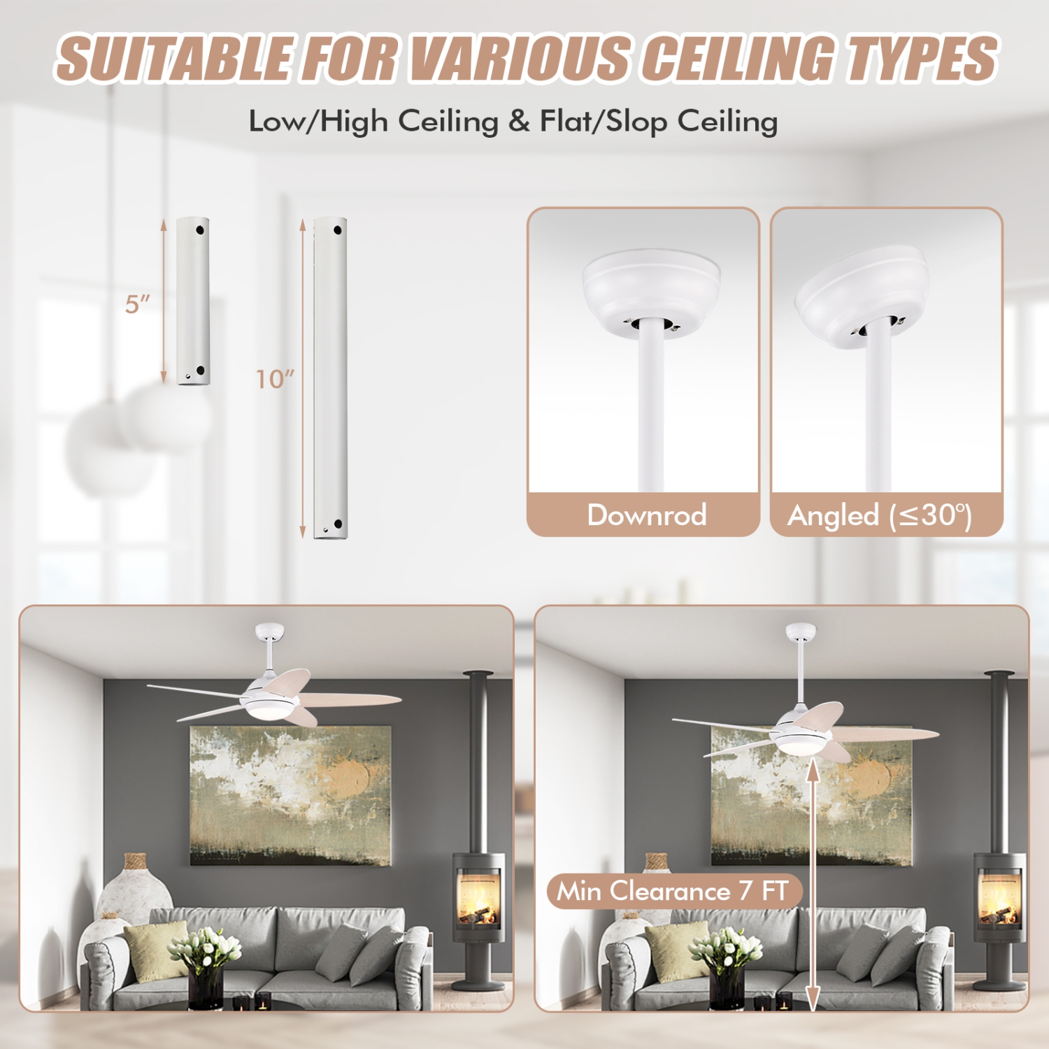 Topbuy 52" Ceiling Fan with Light and Remote Control Indoor Modern Ceiling Fan with Quiet Reversible ETL Motor Black/Silver/White