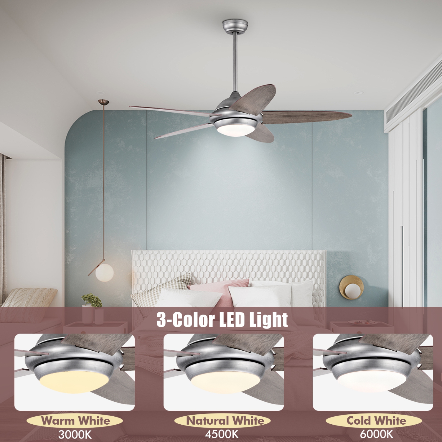 Topbuy 52" Ceiling Fan with Light and Remote Control Indoor Modern Ceiling Fan with Quiet Reversible ETL Motor Black/Silver/White