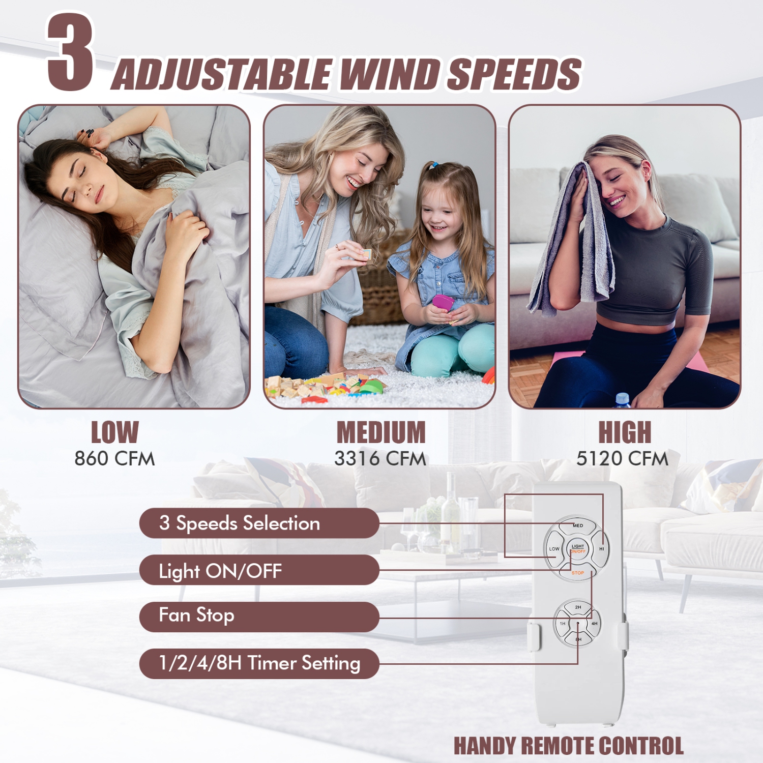 Topbuy 52" Ceiling Fan with Light and Remote Control Indoor Modern Ceiling Fan with Quiet Reversible ETL Motor Black/Silver/White