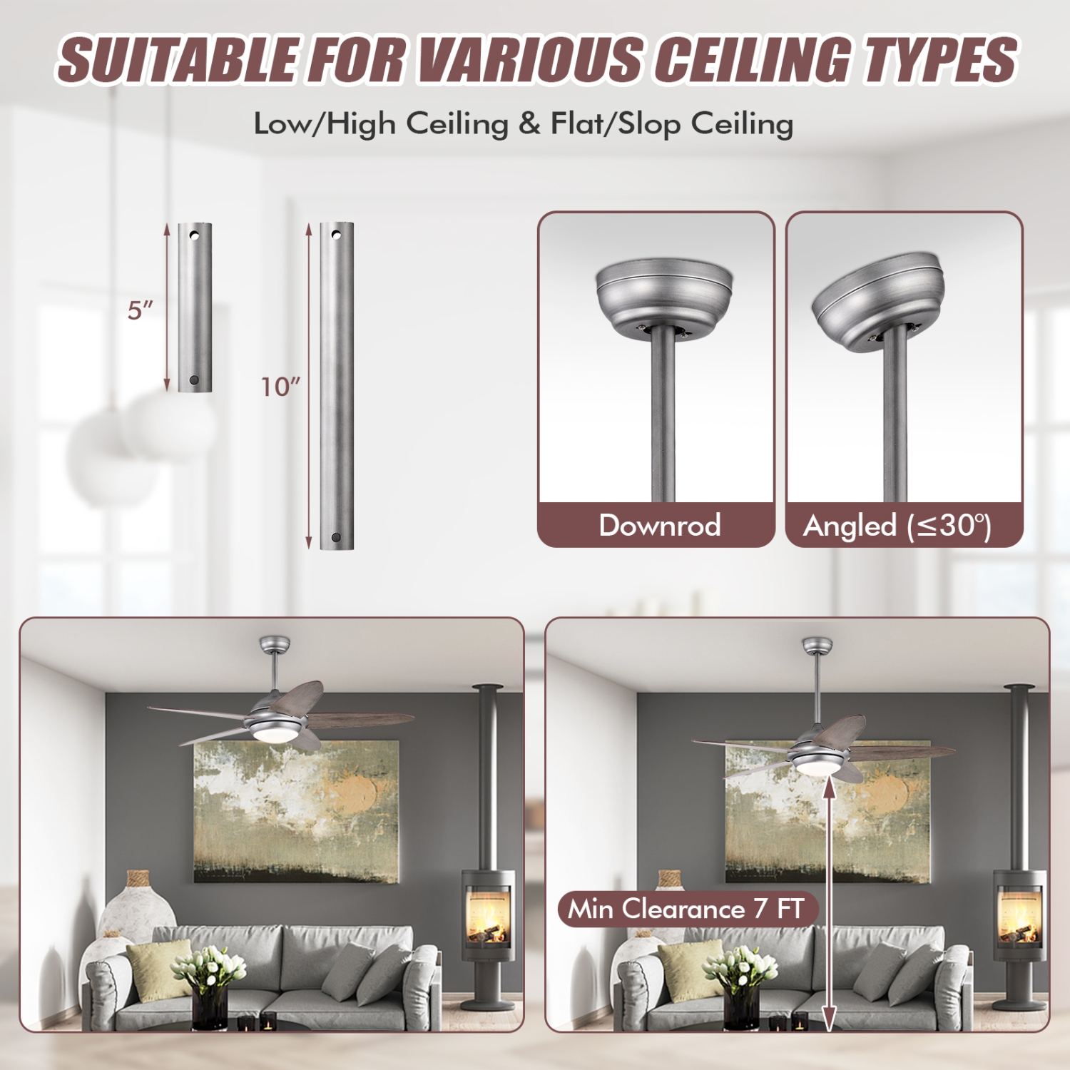 Topbuy 52" Ceiling Fan with Light and Remote Control Indoor Modern Ceiling Fan with Quiet Reversible ETL Motor Black/Silver/White