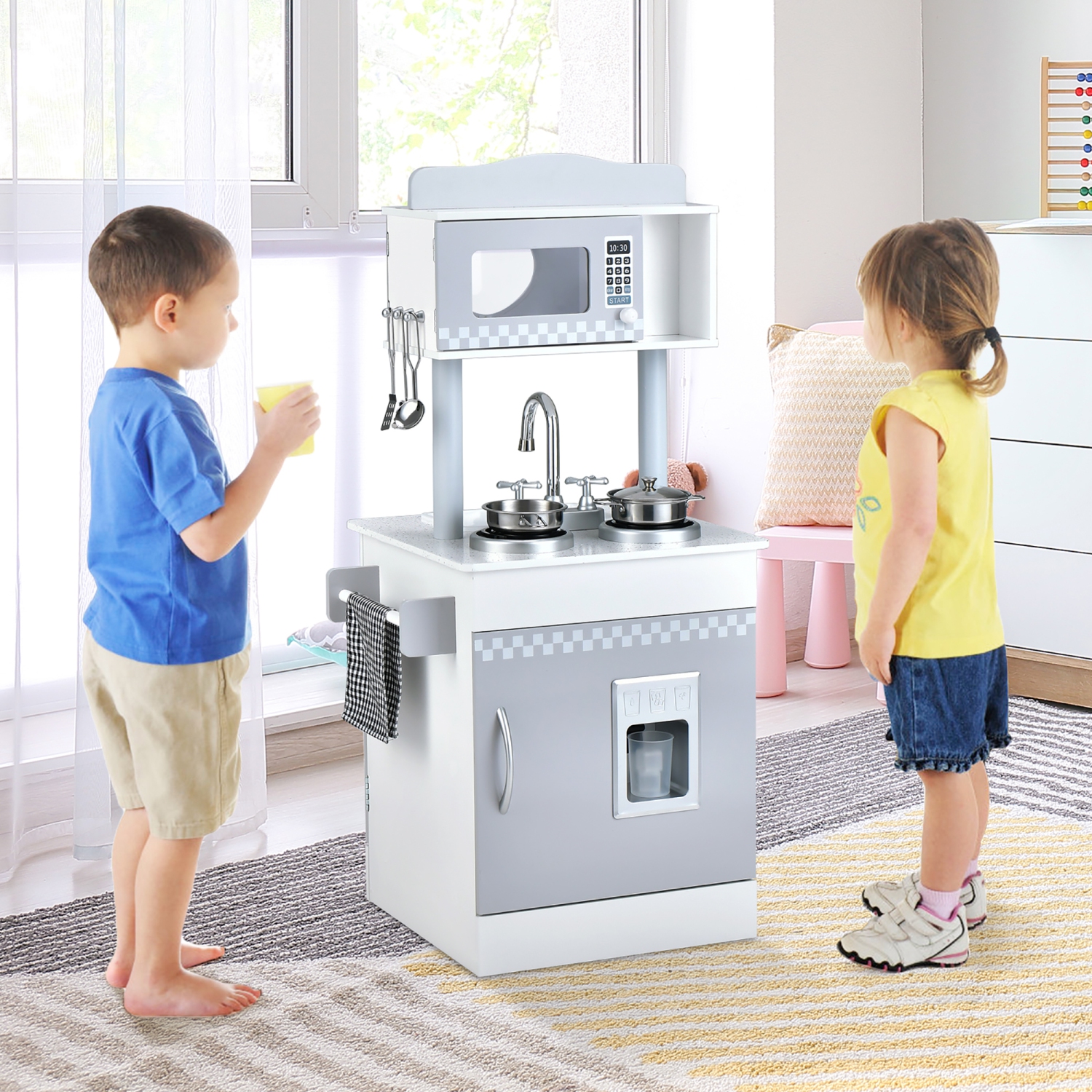 Costway Kids Kitchen PlaySet Pretend Wooden Play Kitchen with IceDispenser&Stovefor Toddler
