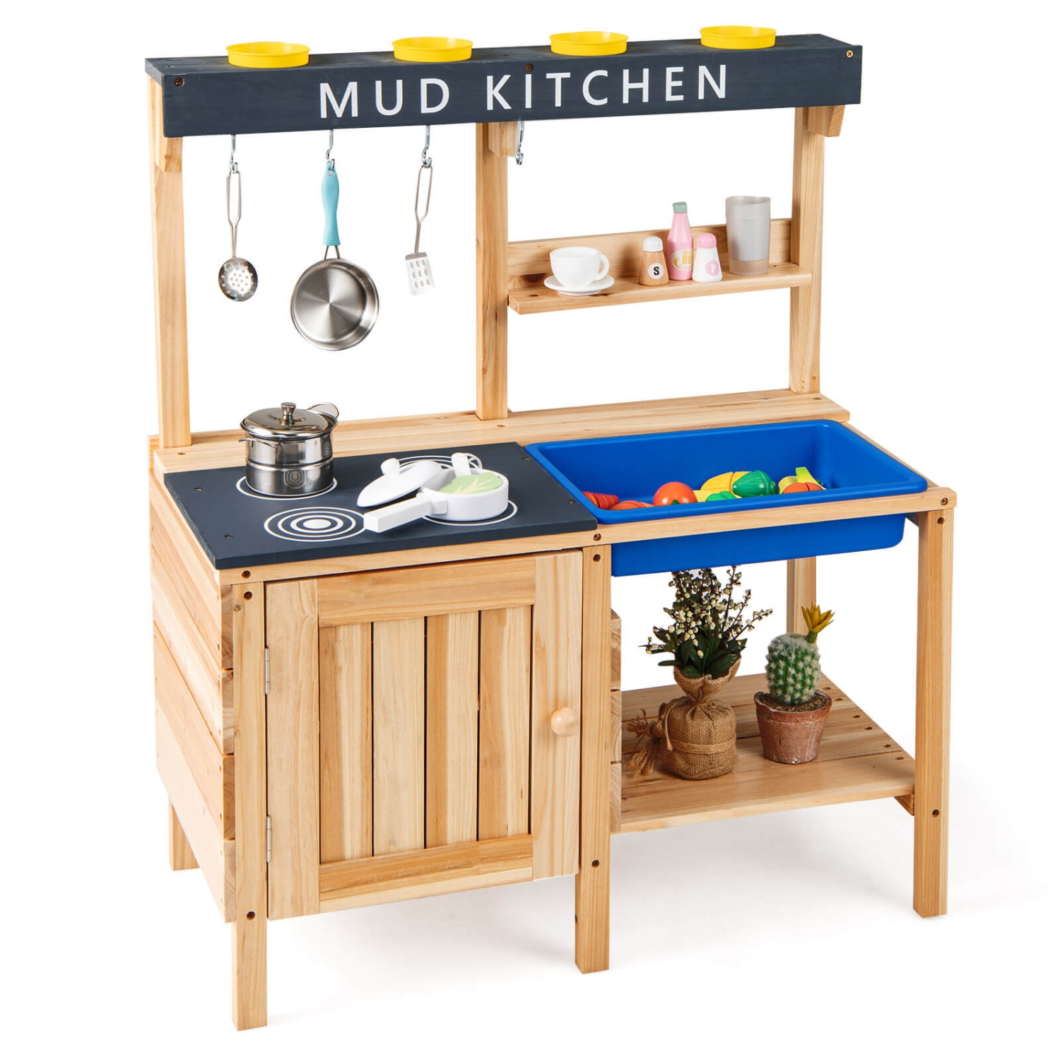 Costway Kids Kitchen Playset Wooden Outdoor Mud Kitchen Pretend Play Toy W/ Kitchenware