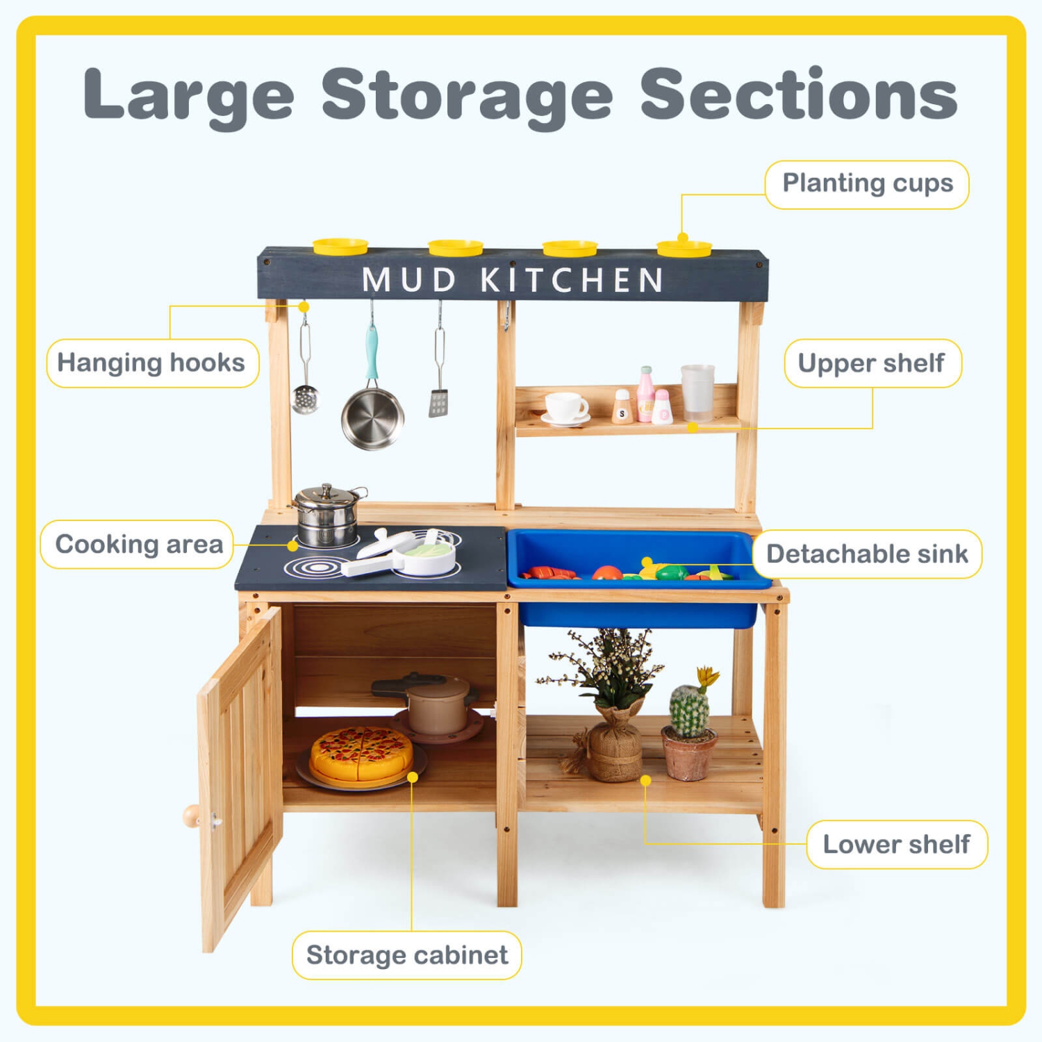 Costway Kids Kitchen Playset Wooden Outdoor Mud Kitchen Pretend Play Toy W/ Kitchenware