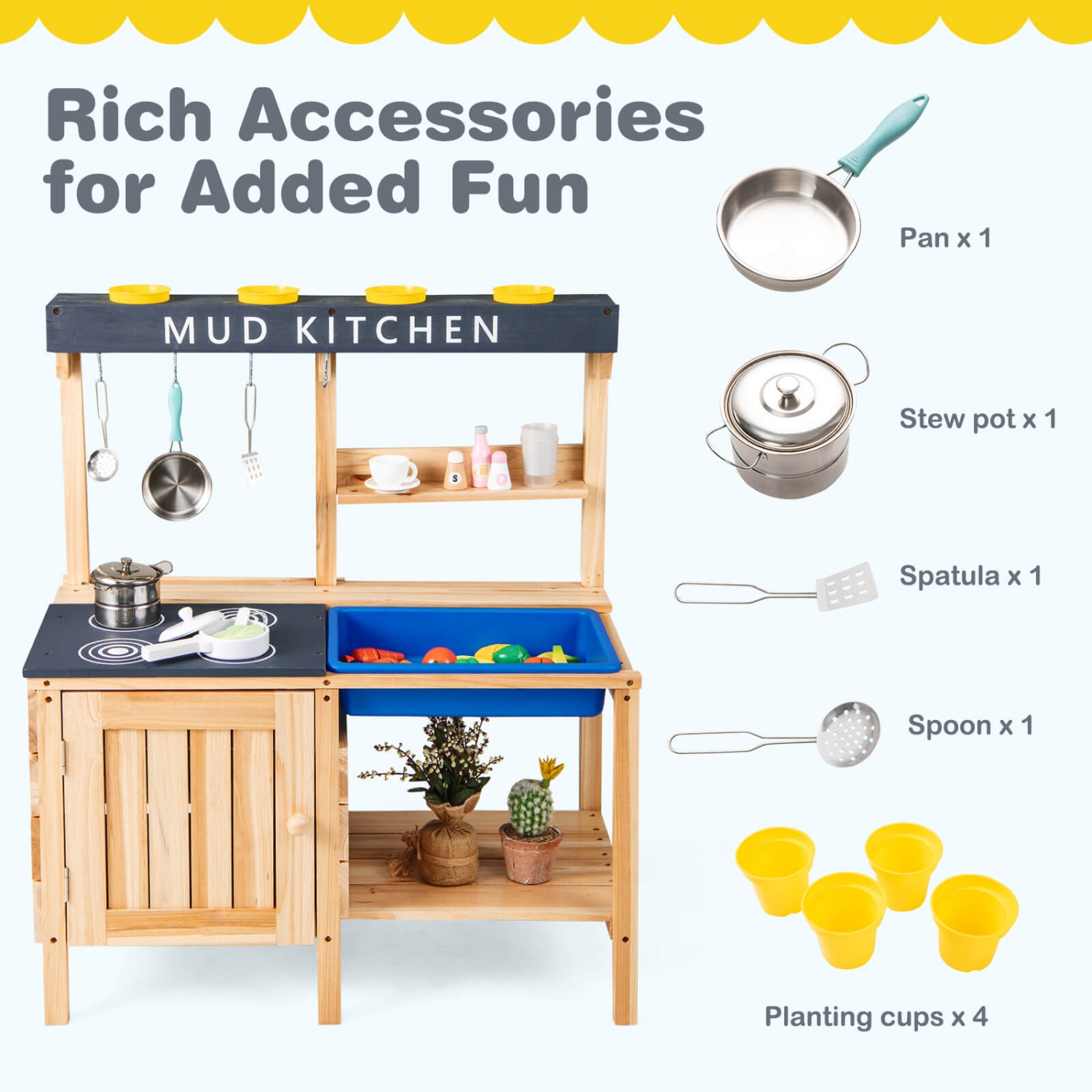 Costway Kids Kitchen Playset Wooden Outdoor Mud Kitchen Pretend Play Toy W/ Kitchenware