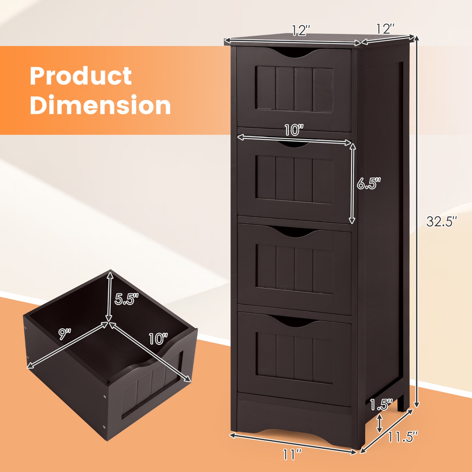 Costway 4-Drawer Bathroom Floor Cabinet Free Standing Storage Side Organizer