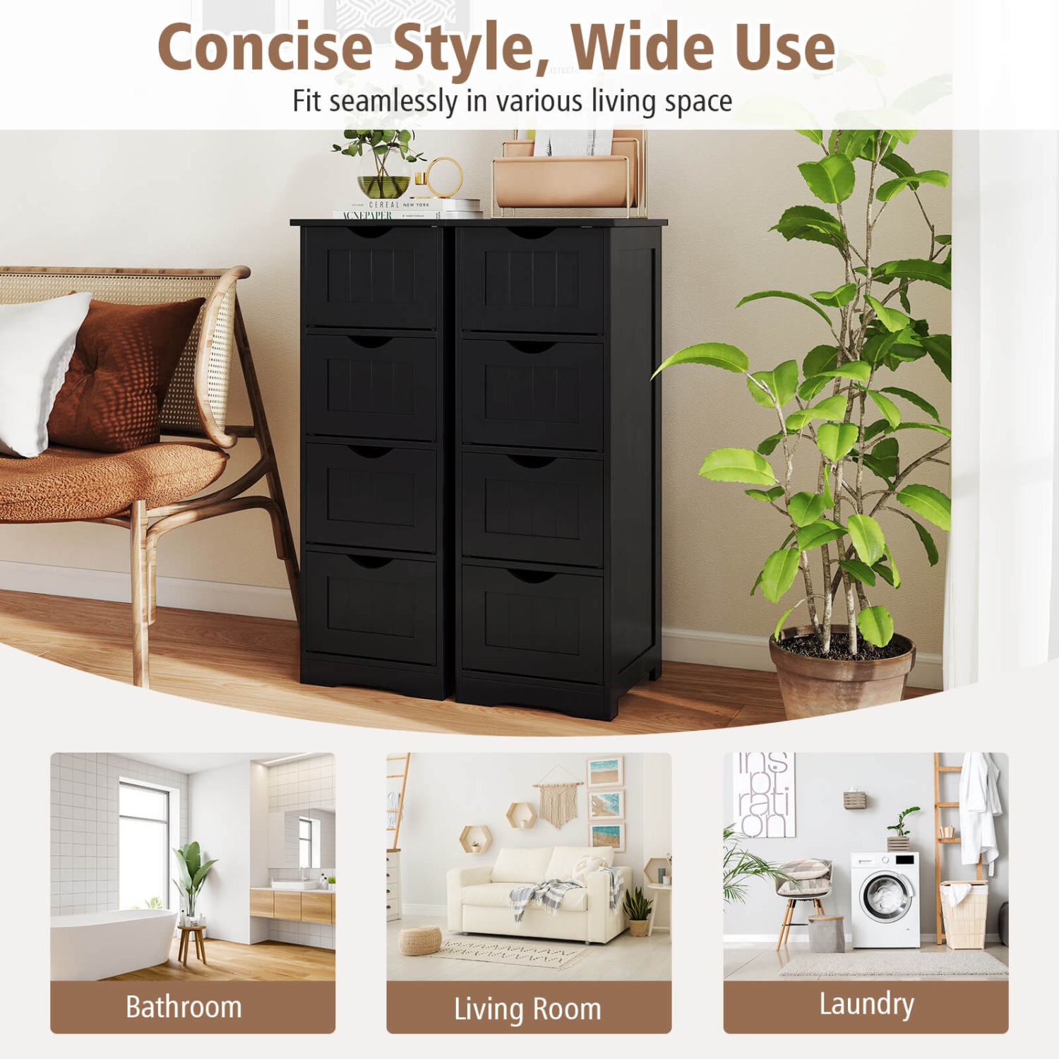 Armoire de plancher à 4 tiroirs pour salle de bain avec rangement latéral autonome de Costway