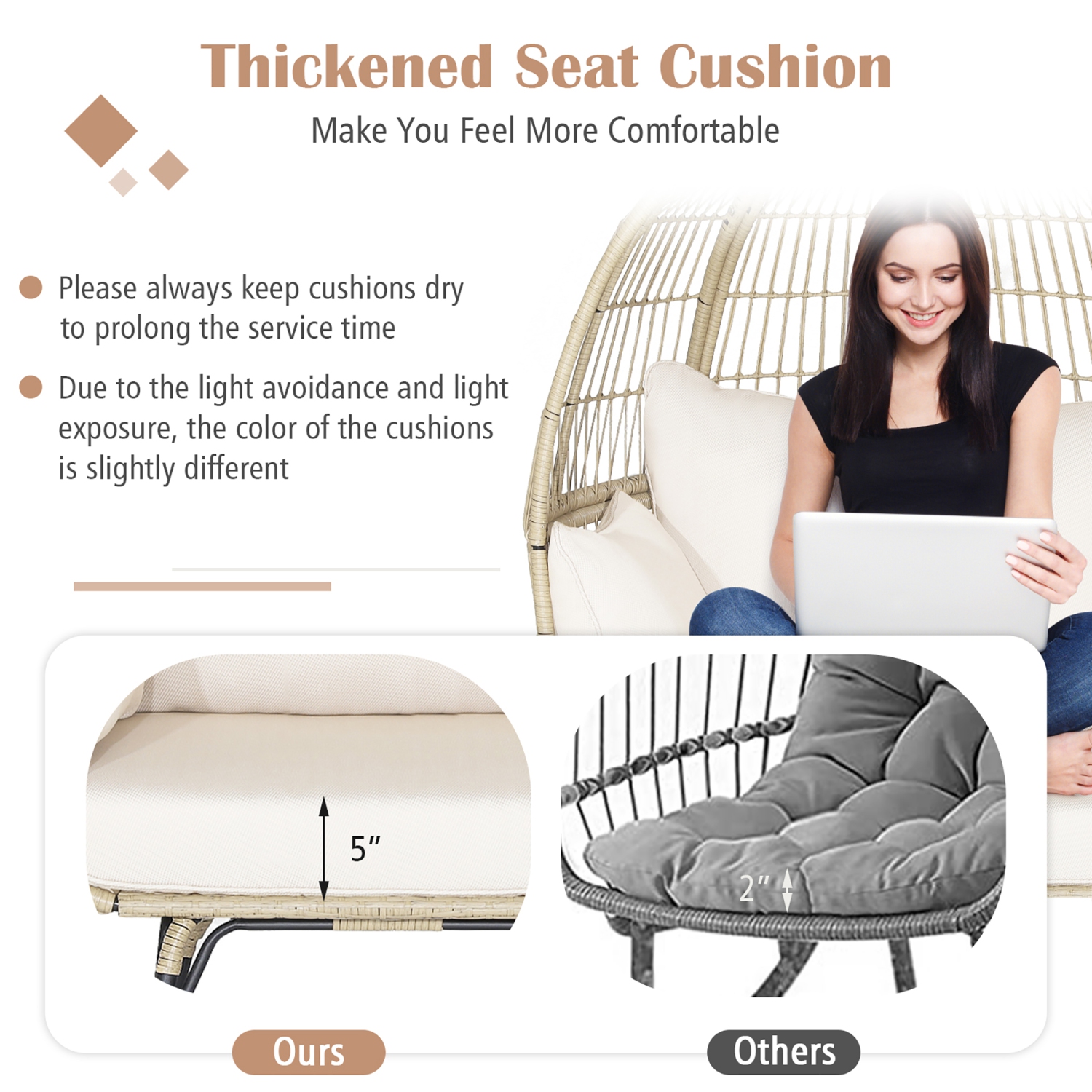 Chaise longue surdimensionnée en rotin Oeuf de Costway pour patio avec 4 coussins pour l'intérieur à l'extérieur