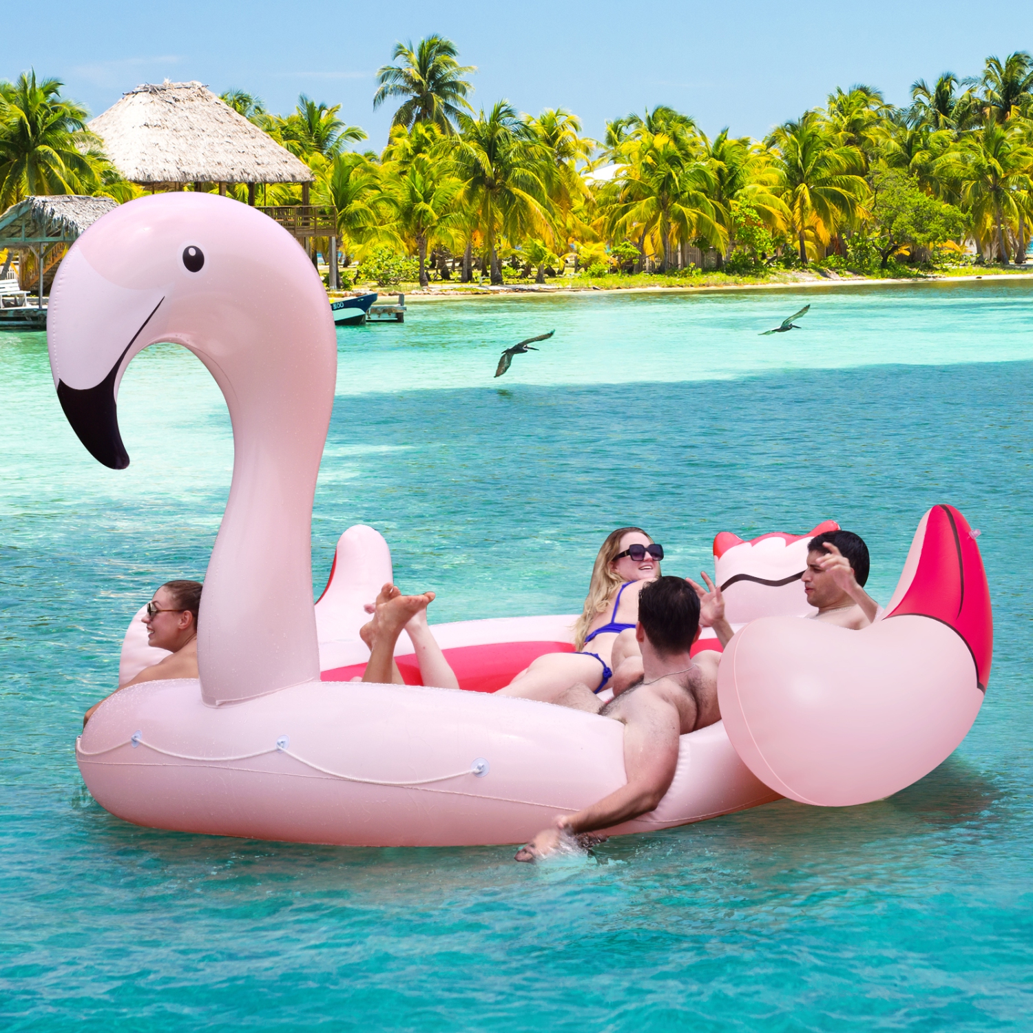 Topbuy 4-6 Persons Inflatable Lake Float Flamingo Floating Island w/ Inner Loop & Floating Mat Blow-up Party Floatie with Electric Air Pump & 6 Cup