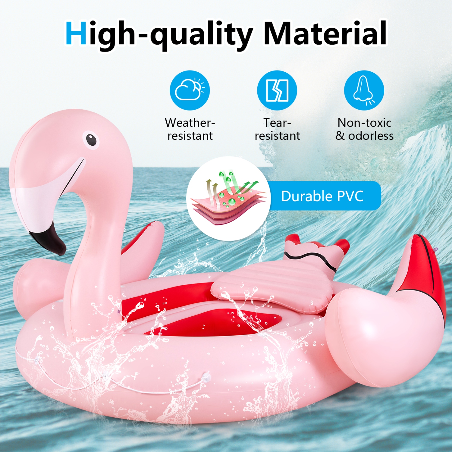 Topbuy 4-6 Persons Inflatable Lake Float Flamingo Floating Island w/ Inner Loop & Floating Mat Blow-up Party Floatie with Electric Air Pump & 6 Cup