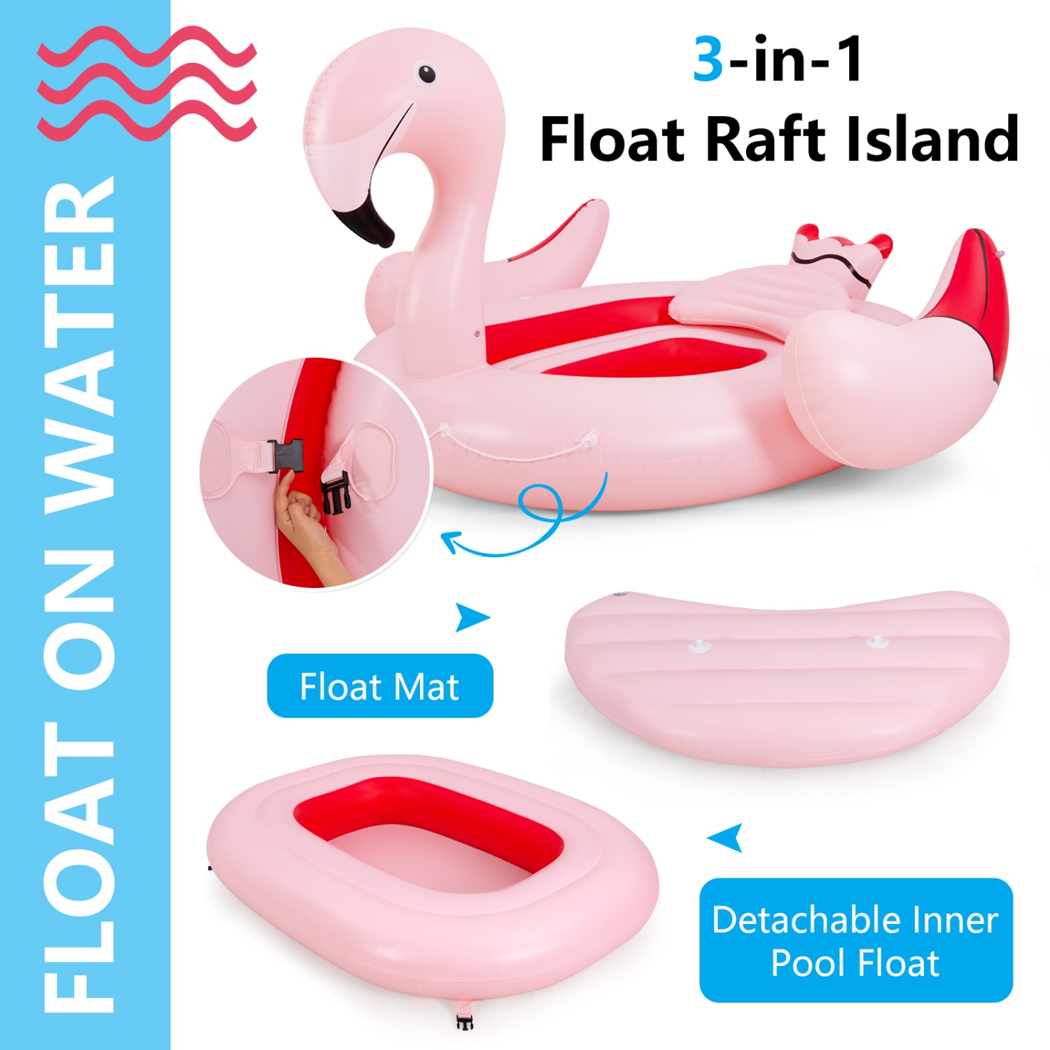Topbuy 4-6 Persons Inflatable Lake Float Flamingo Floating Island w/ Inner Loop & Floating Mat Blow-up Party Floatie with Electric Air Pump & 6 Cup