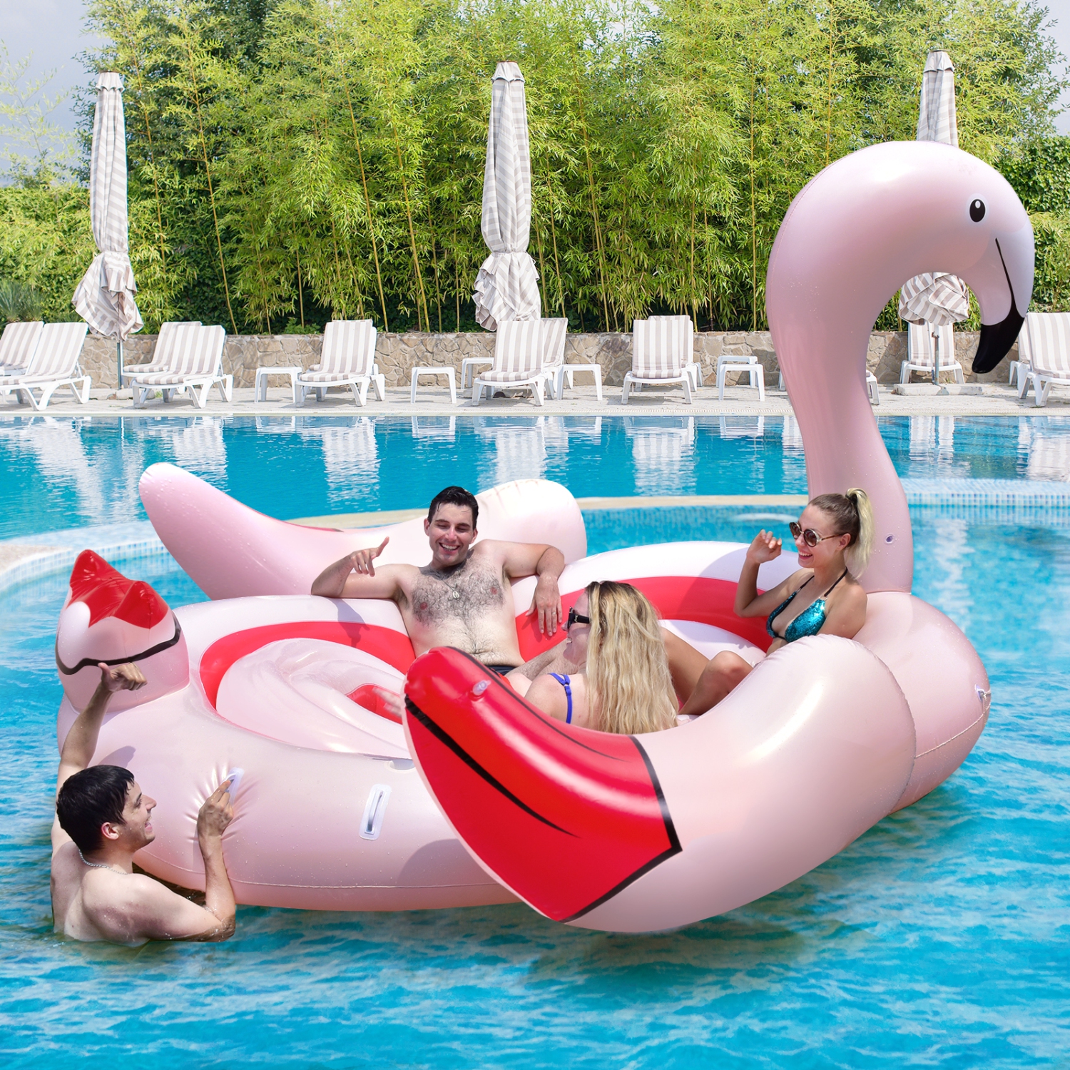 Topbuy 4-6 Persons Inflatable Lake Float Flamingo Floating Island w/ Inner Loop & Floating Mat Blow-up Party Floatie with Electric Air Pump & 6 Cup