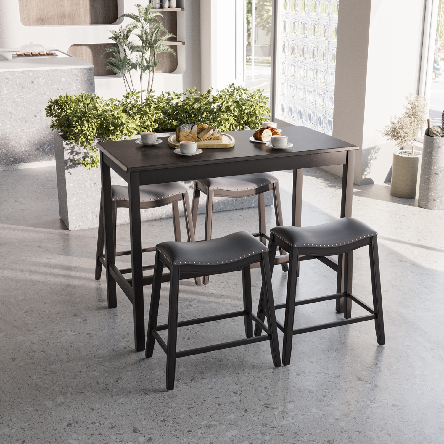 Topbuy Dining Table Set for 4 Kitchen Counter Height Table with 4 Stools 5 Piece Bistro Table Set Rubber Wood Pub Dinner Table Set