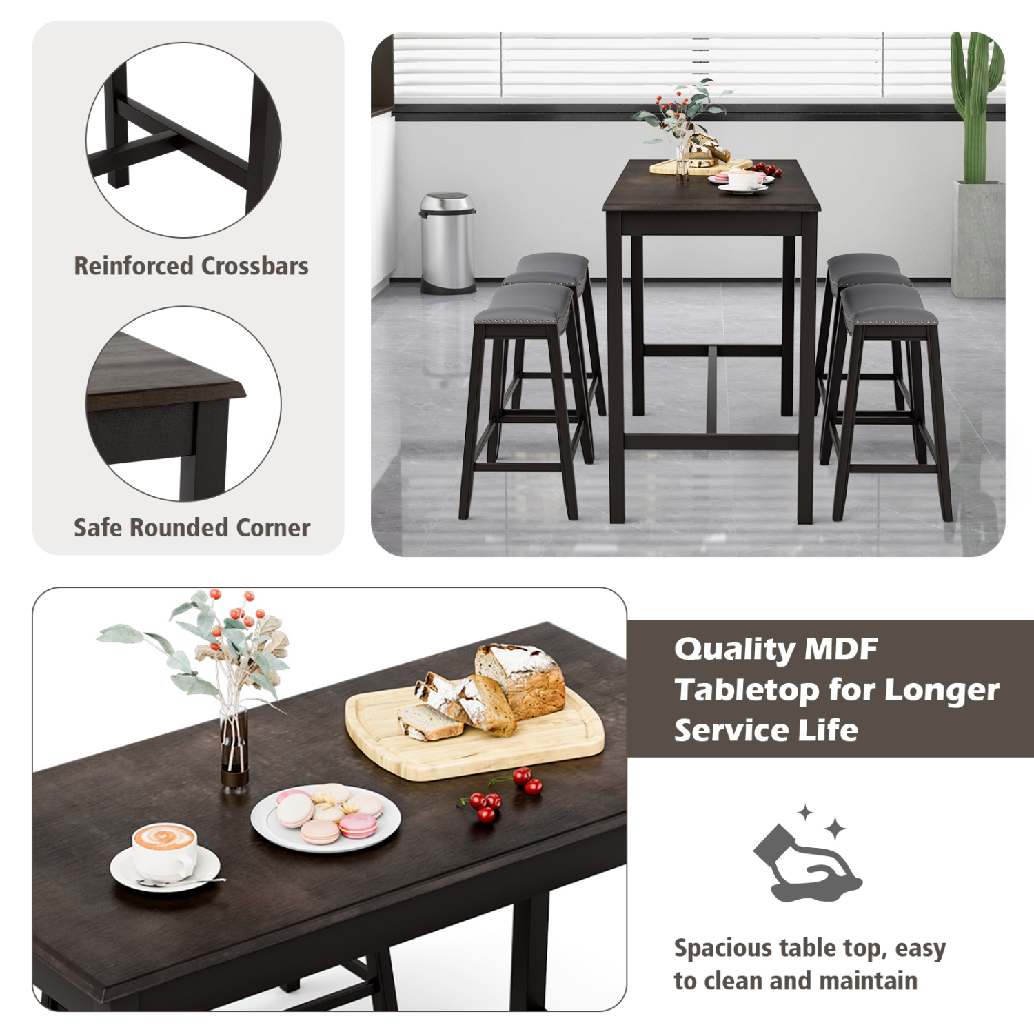 Topbuy Dining Table Set for 4 Kitchen Counter Height Table with 4 Stools 5 Piece Bistro Table Set Rubber Wood Pub Dinner Table Set