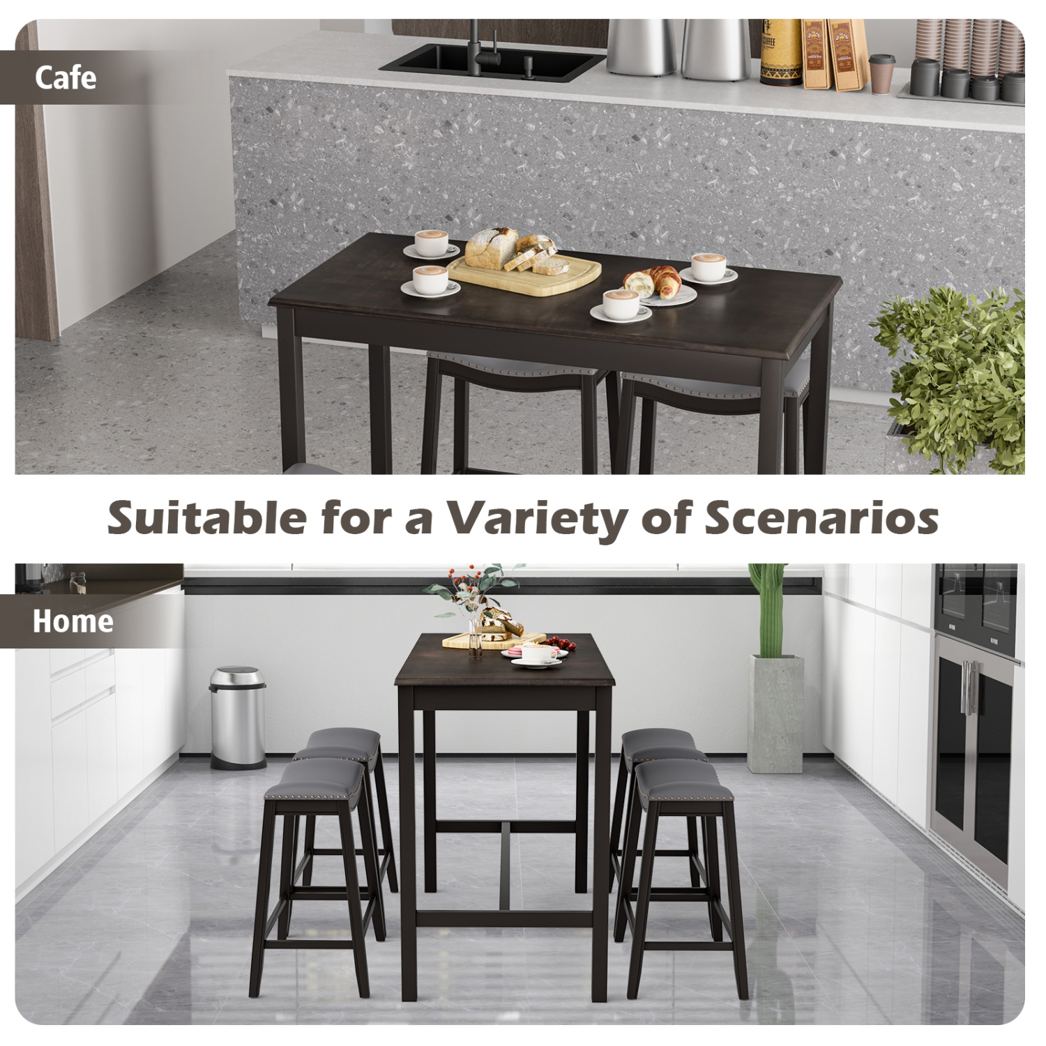 Topbuy Dining Table Set for 4 Kitchen Counter Height Table with 4 Stools 5 Piece Bistro Table Set Rubber Wood Pub Dinner Table Set