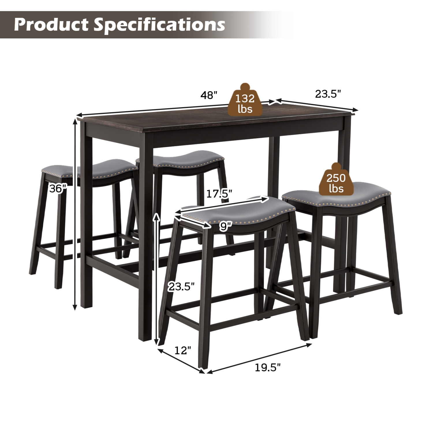 Topbuy Dining Table Set for 4 Kitchen Counter Height Table with 4 Stools 5 Piece Bistro Table Set Rubber Wood Pub Dinner Table Set