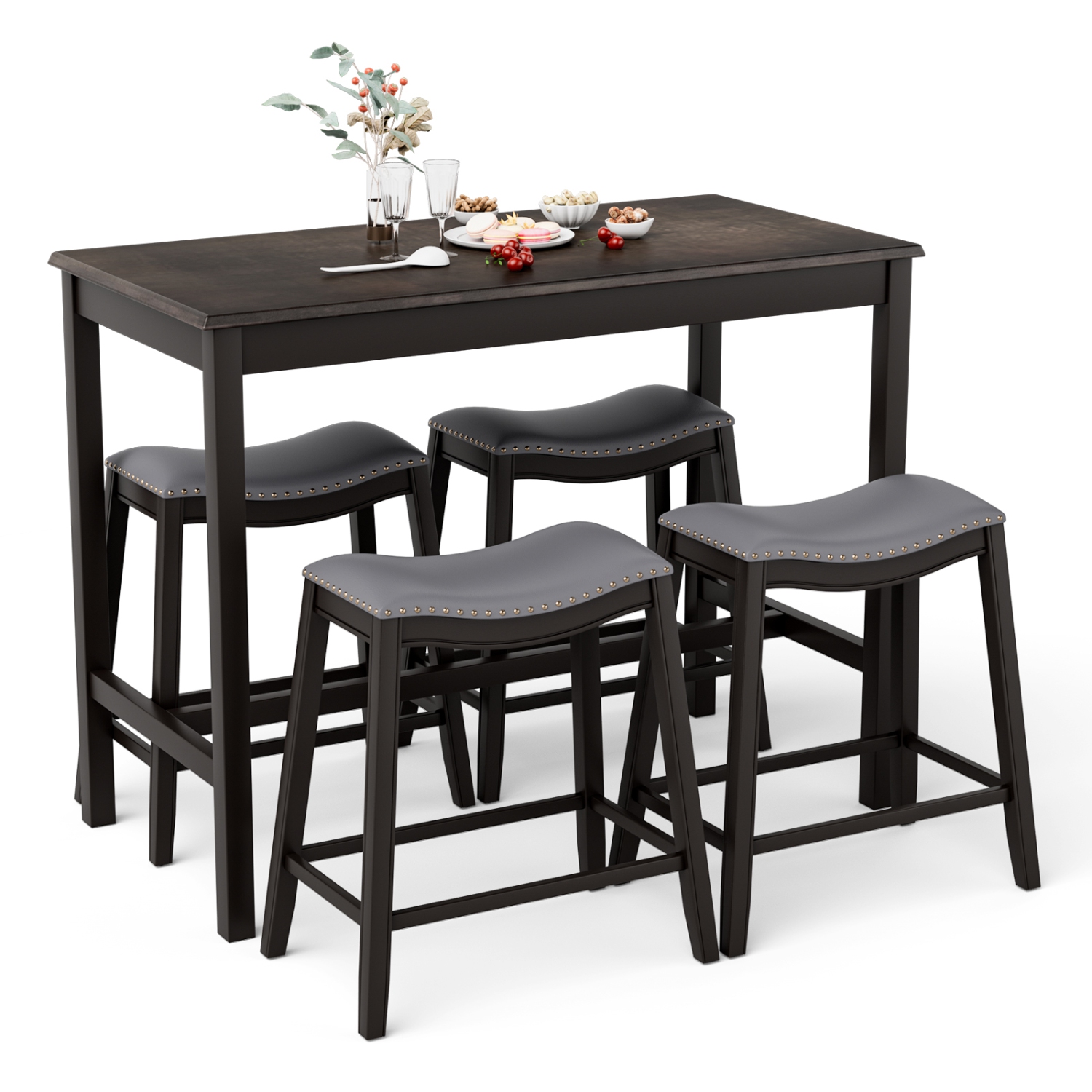 Topbuy Dining Table Set for 4 Kitchen Counter Height Table with 4 Stools 5 Piece Bistro Table Set Rubber Wood Pub Dinner Table Set
