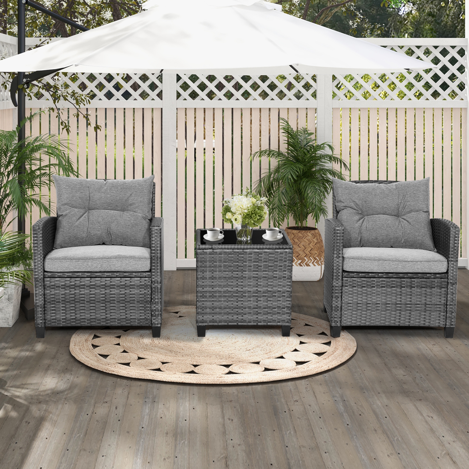 Topbuy 3 Pieces Outdoor Furniture Set Patio PE Rattan Conversation Set with Removable Cushions PE Wicker Sofas with Tempered Glass Side Table