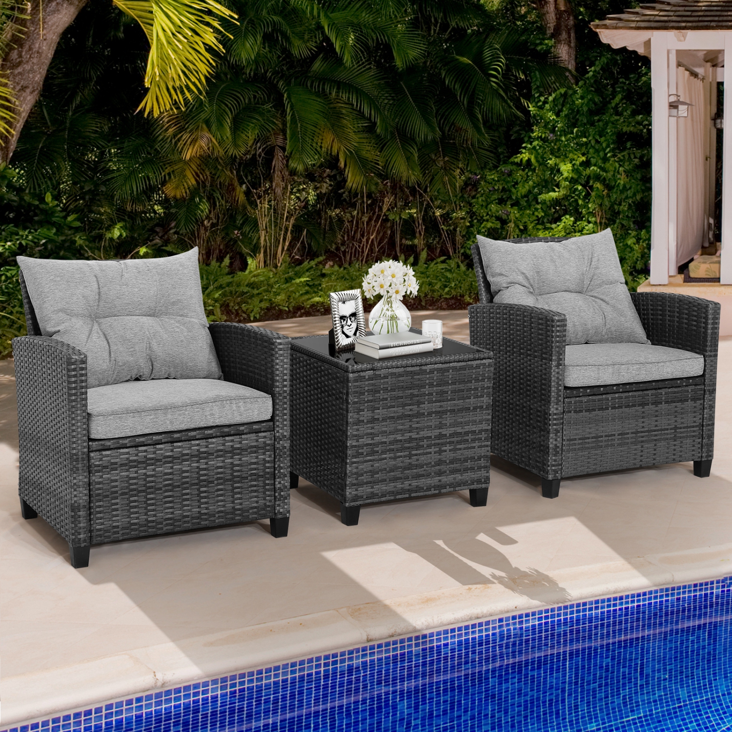 Topbuy 3 Pieces Outdoor Furniture Set Patio PE Rattan Conversation Set with Removable Cushions PE Wicker Sofas with Tempered Glass Side Table